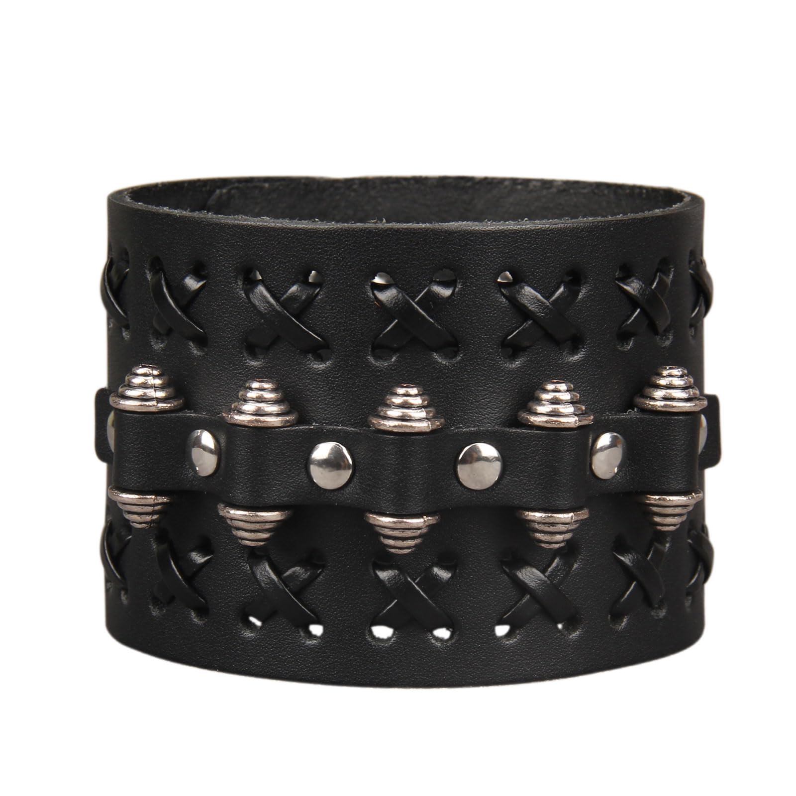 Jeilwiy Punk Leather Wristbands for Men Bracelets Handmade Wide Cuff Bangle Braided Jewelry Black Brown Adjustable - Punk Father's Gifts