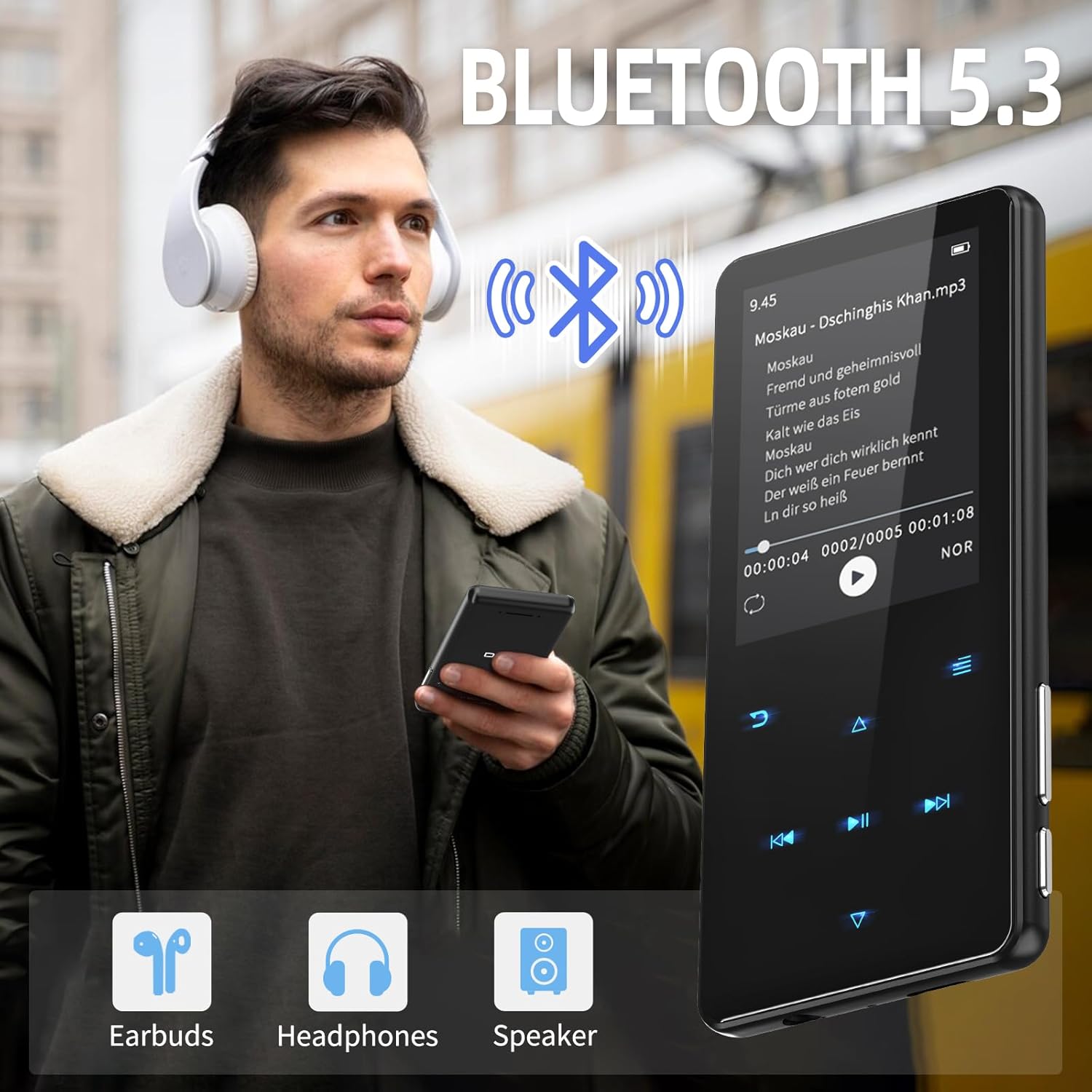 User wearing white headphones connected via Bluetooth 5.3 to the PINHUI MP3 Player D16, with a music track displayed on the screen.