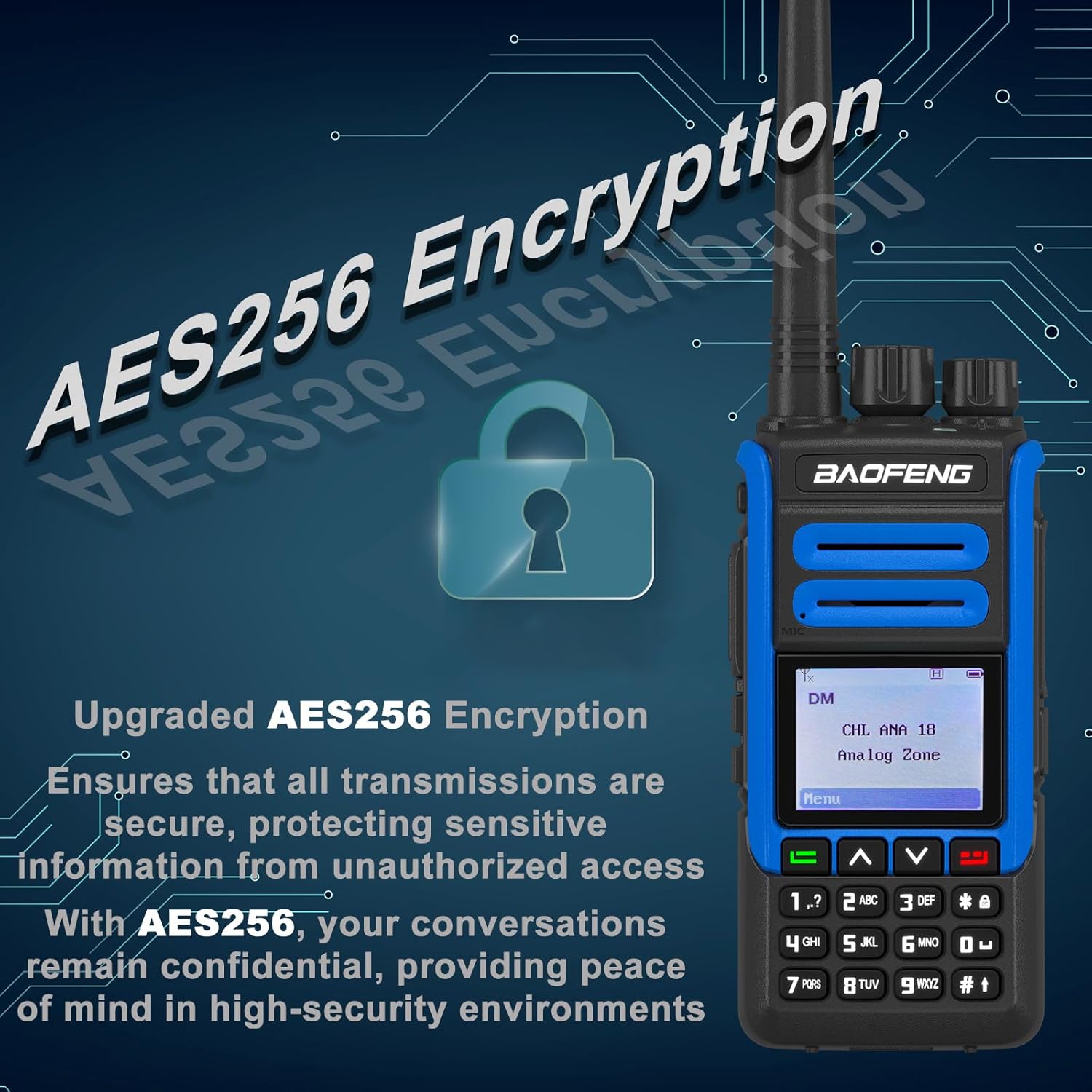 BAOFENG DR-1802U radio with text 'Upgraded AES256 Encryption' and a padlock icon, indicating secure communication.