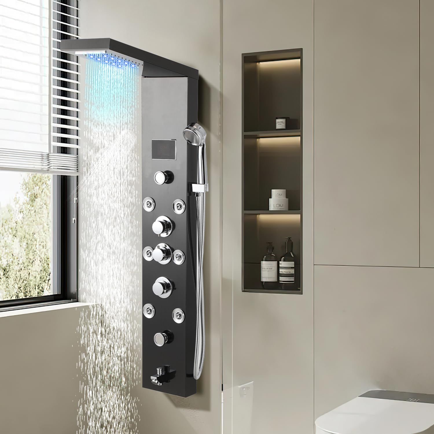 Duschpaneel mit LCD Temperaturanzeige, 6 Wasserfunktionen, 304 Schwarz-Titan Edelstahl DuschsystemWasserfall, Regendusche, Massagedusche Handbrause Wanneneinlauf