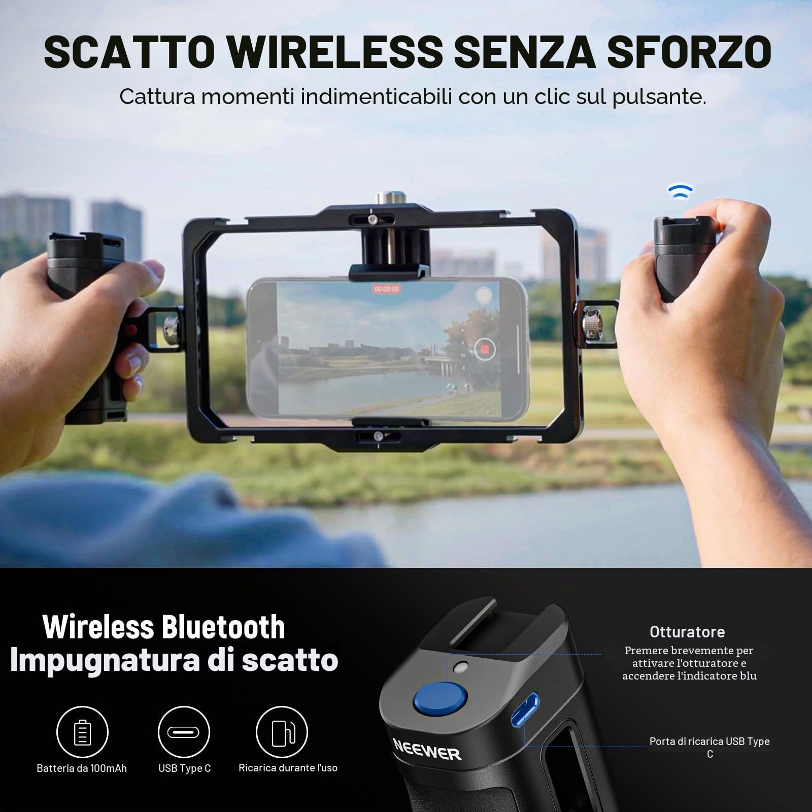NEEWER Gabbia Telefono Rig Video Universale e Maniglia Laterale con Scatto Bluetooth, Stabilizzatore Smartphone per Registrazione Video Compatibile con iPhone 15 Pro Max 15 Pro Galaxy S24 Ultra,PA009E