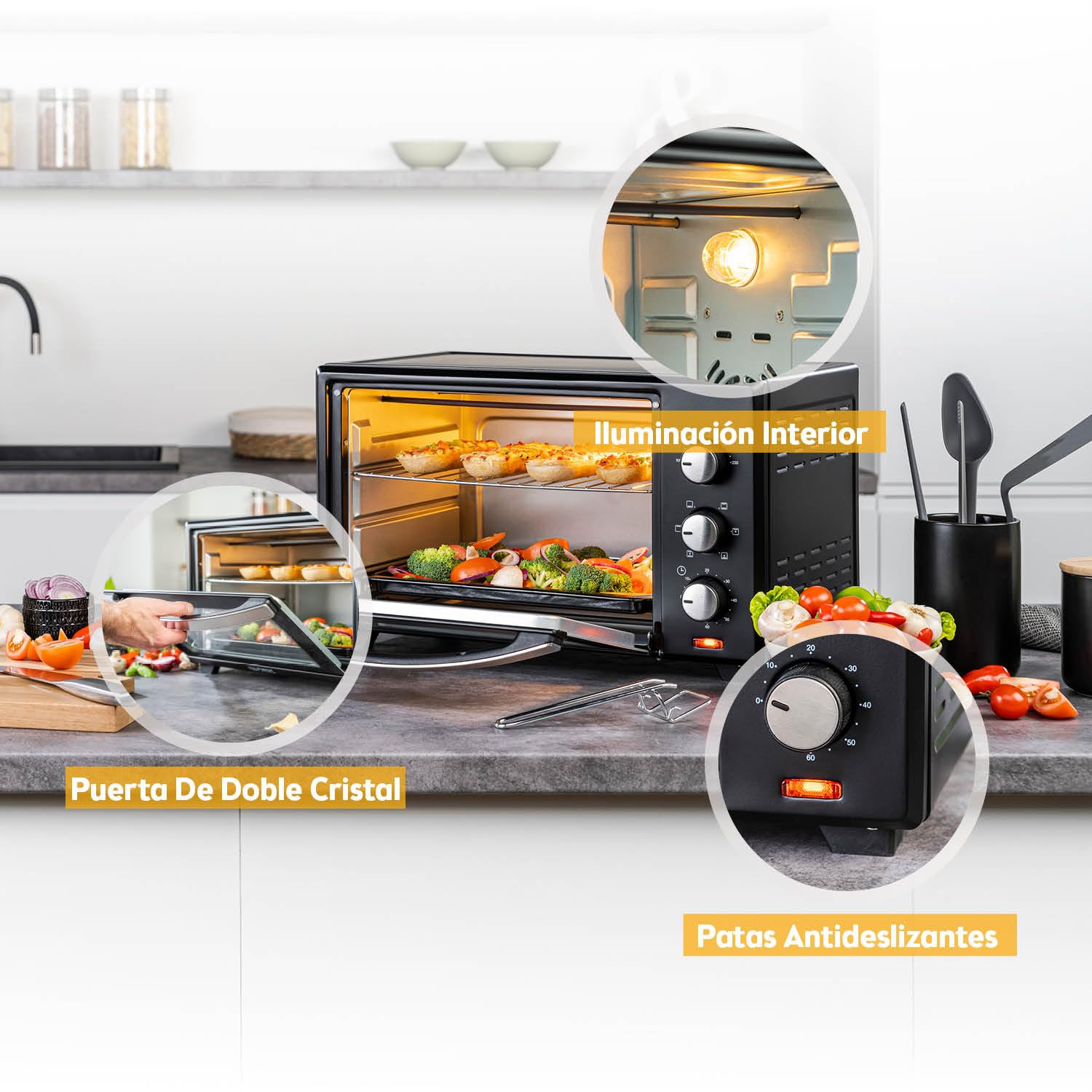 First Austria Mini Horno 30L 1600W Horno Eléctrico con Termostato 230°C Temporizador 60min 3 Alturas Bandeja Parrilla