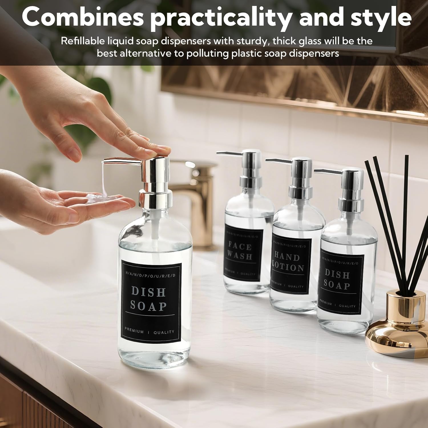 6 Pack Glass Soap Dispenser with Pump 17 oz Refillable Liquid Hand Soap Dispensers for Bathroom Kitchen Liquid Bottle with Labels for Dishwashing Soap Shampoo Body Wash Facial Cleanser Lotion,Clear - Image 4
