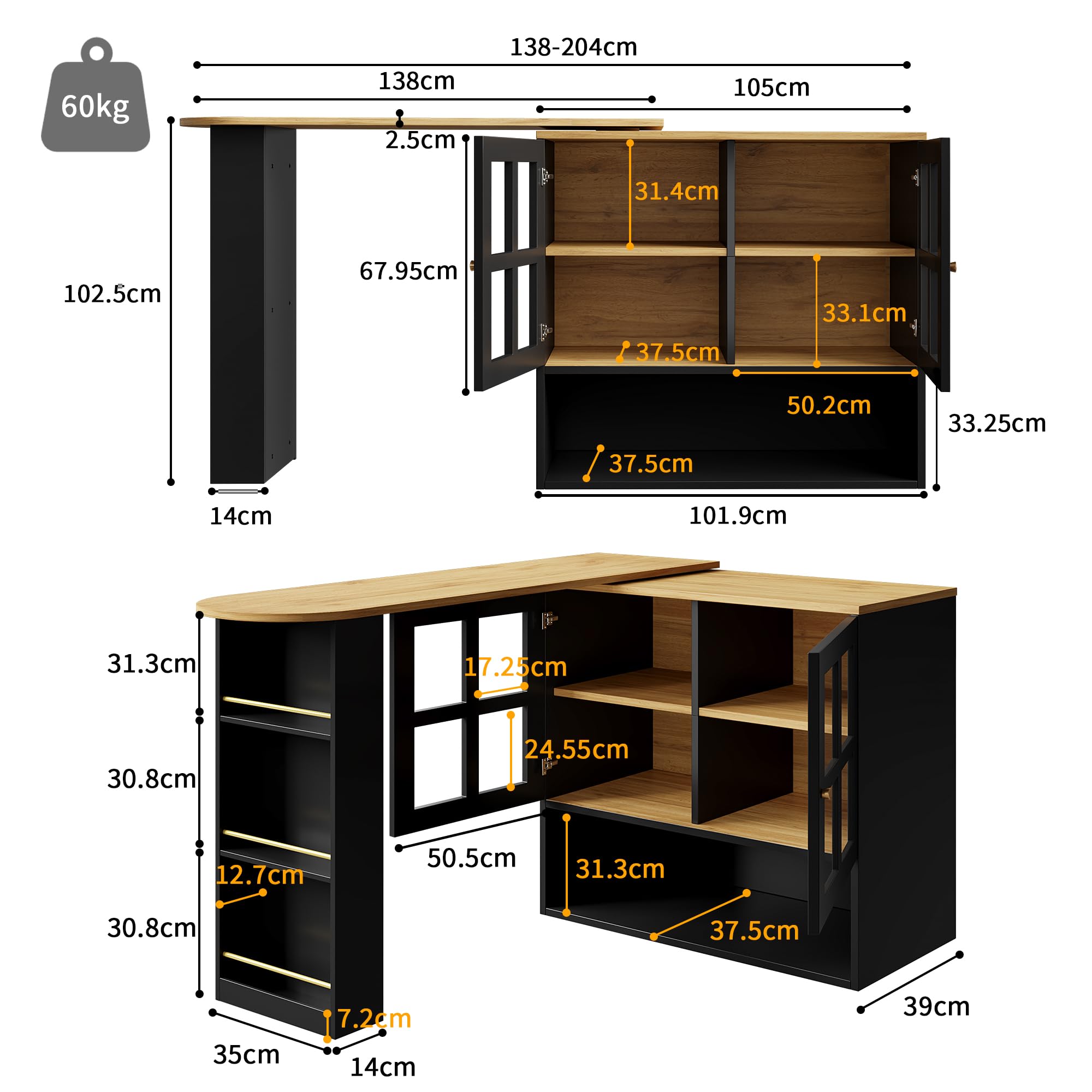 Kredens dziecięcy wózek do serwowania o 360 cm, obrotowy, wysuwany, 138-204 x 39 x 102,5 cm, szafka obrotowa ze szklanym frontem, regał na przekąski, 5 półek, nowoczesna szafka pomocnicza