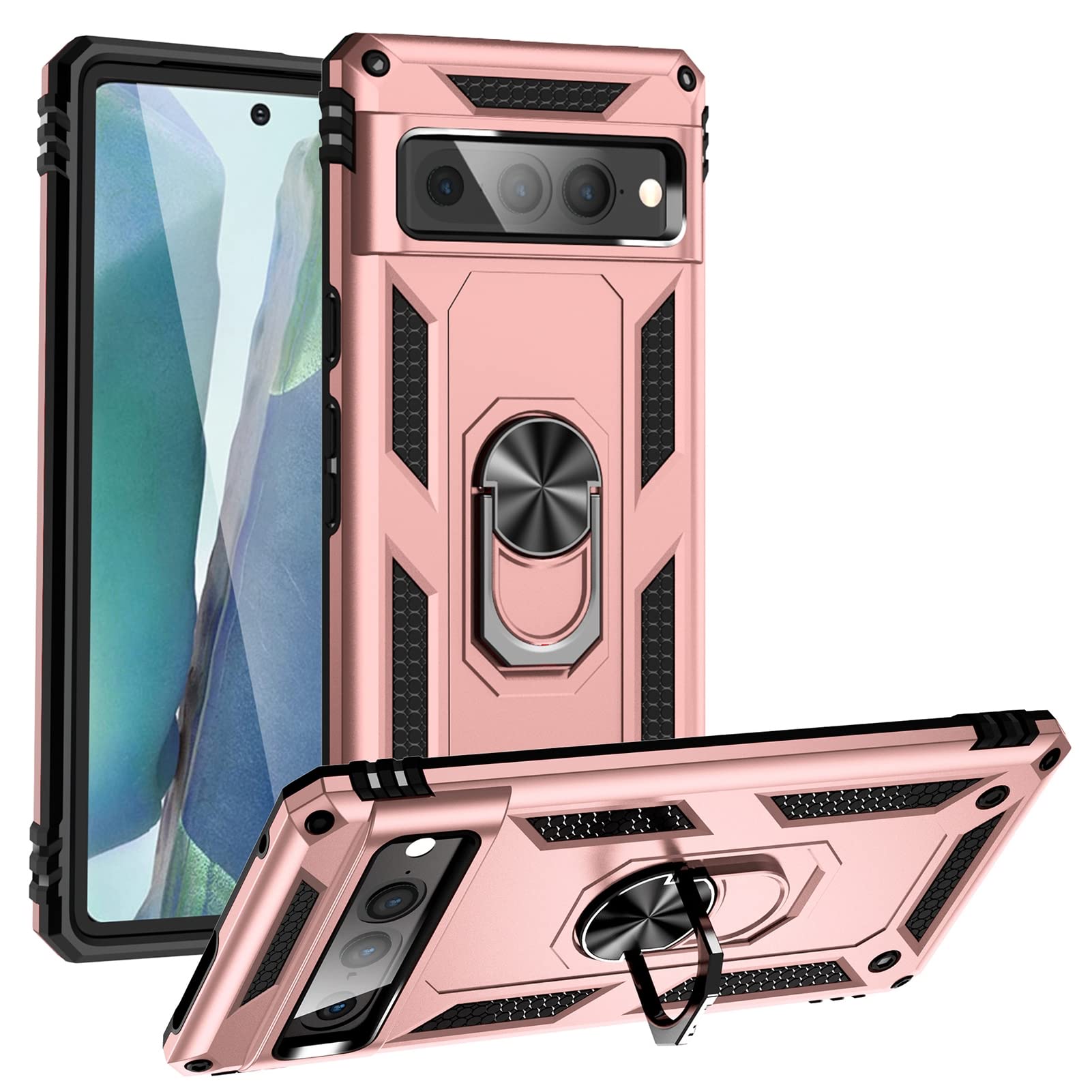 PROPFE Wytrzymałe etui pancerne do Google Pixel 7/7 Pro, stojak na pierścień, odporny na wstrząsy, wojskowa klasa ochronna, twardy zderzak, pokrowiec na telefon komórkowy, różowy, 7Pro 6,7''