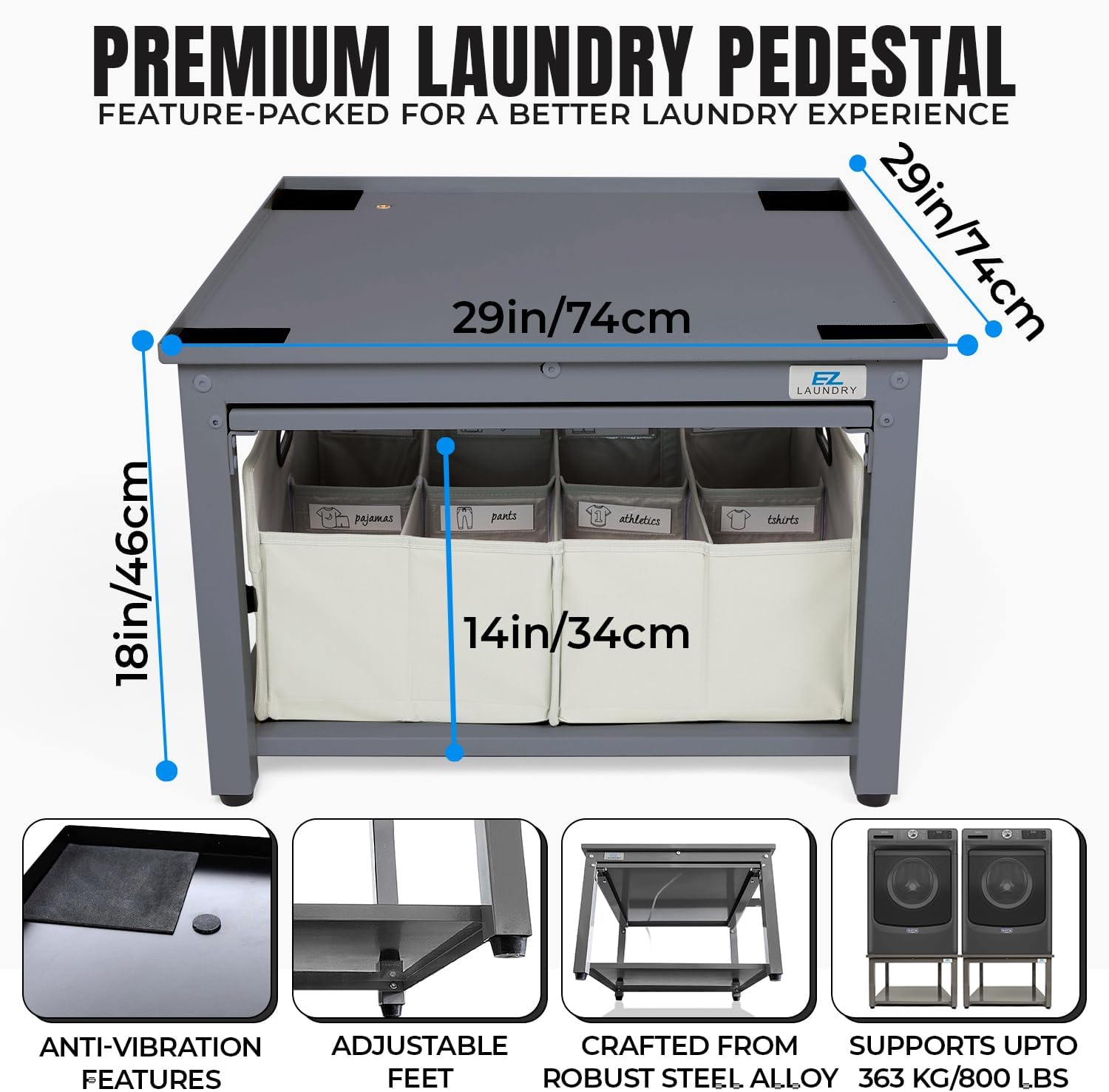 Washer and Dryer Pedestal with Pullout-Shelf - 29" W, 18" H, Gray Steel Universal Fit with Major Brands | Laundry Pedestal with Drain Pan & Hose | Washer Stand for Back Pain Relief, 800 lbs Capacity