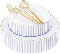 Vista 39 de LIYH 150 Pcs Plastic Christmas Dinnerware Set, Red Plastic Dinner Dessert Disposable Plates, Gold Silverware, Red Christmas Disposable Cups 10 OZ