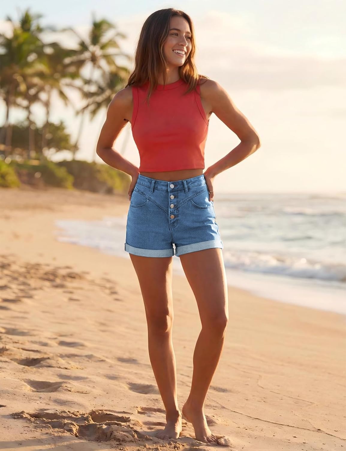 BISUAL Women's High Waist Jean Shorts Stretch Denim with Pockets | Stretch Denim, High Waist, Jean Shorts, Folded Hem, Button Closure, Casual, Summer, Comfortable, Pockets