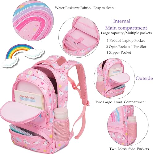 Miniatura 5 de Mochila de unicornio para niñas, mochila escolar preescolar para niñas, 3 en 1, juego de libros escolares con bolsa de almuerzo, bolsa para lápices