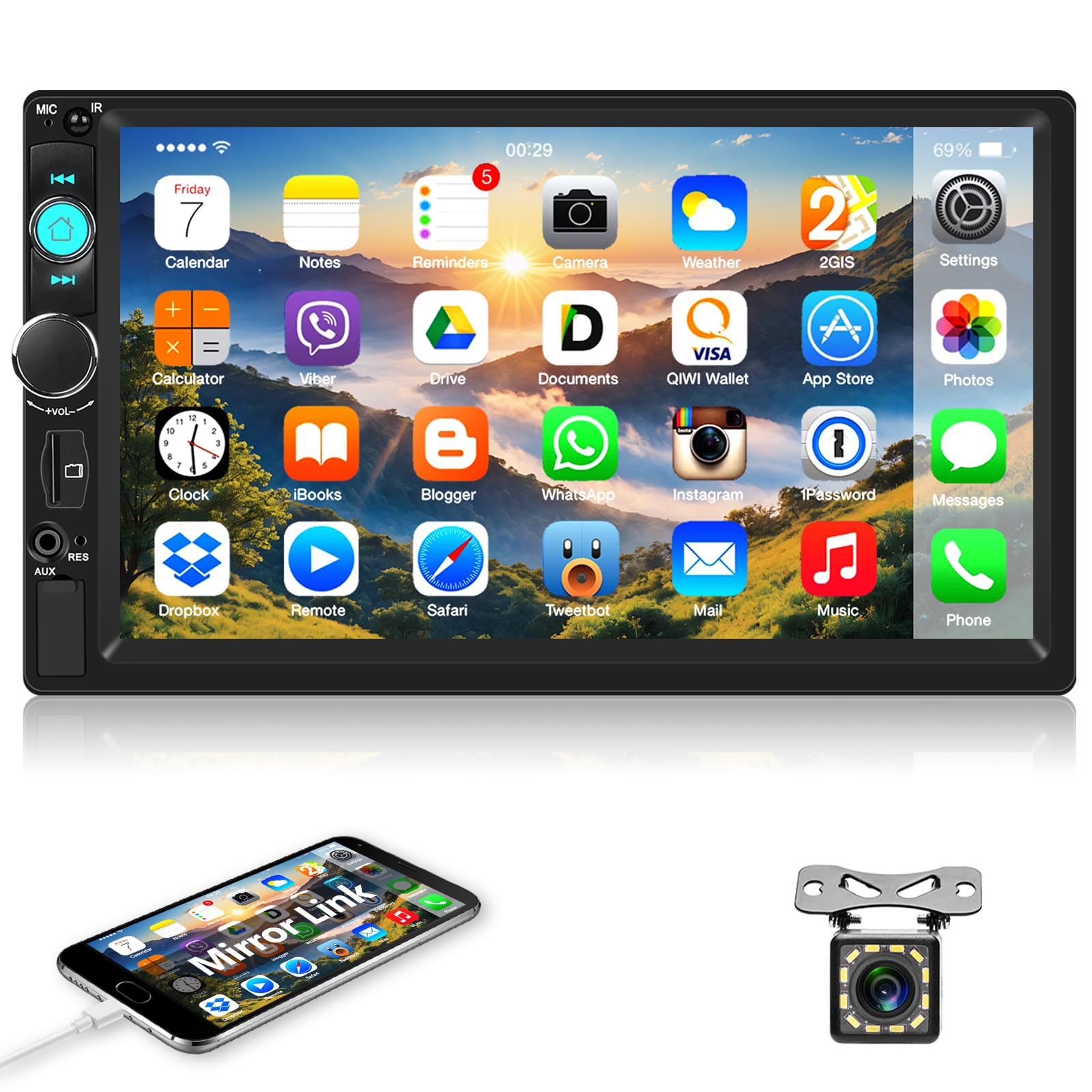 Autoradio 2 Din con Bluetooth, 7 Pollici Mirror Link Stereo Auto con Schermo USB FM Radio AUX TF Controllo del Volante Collegamento Mirror per Telefono Android/iOS + Telecamera Posteriore