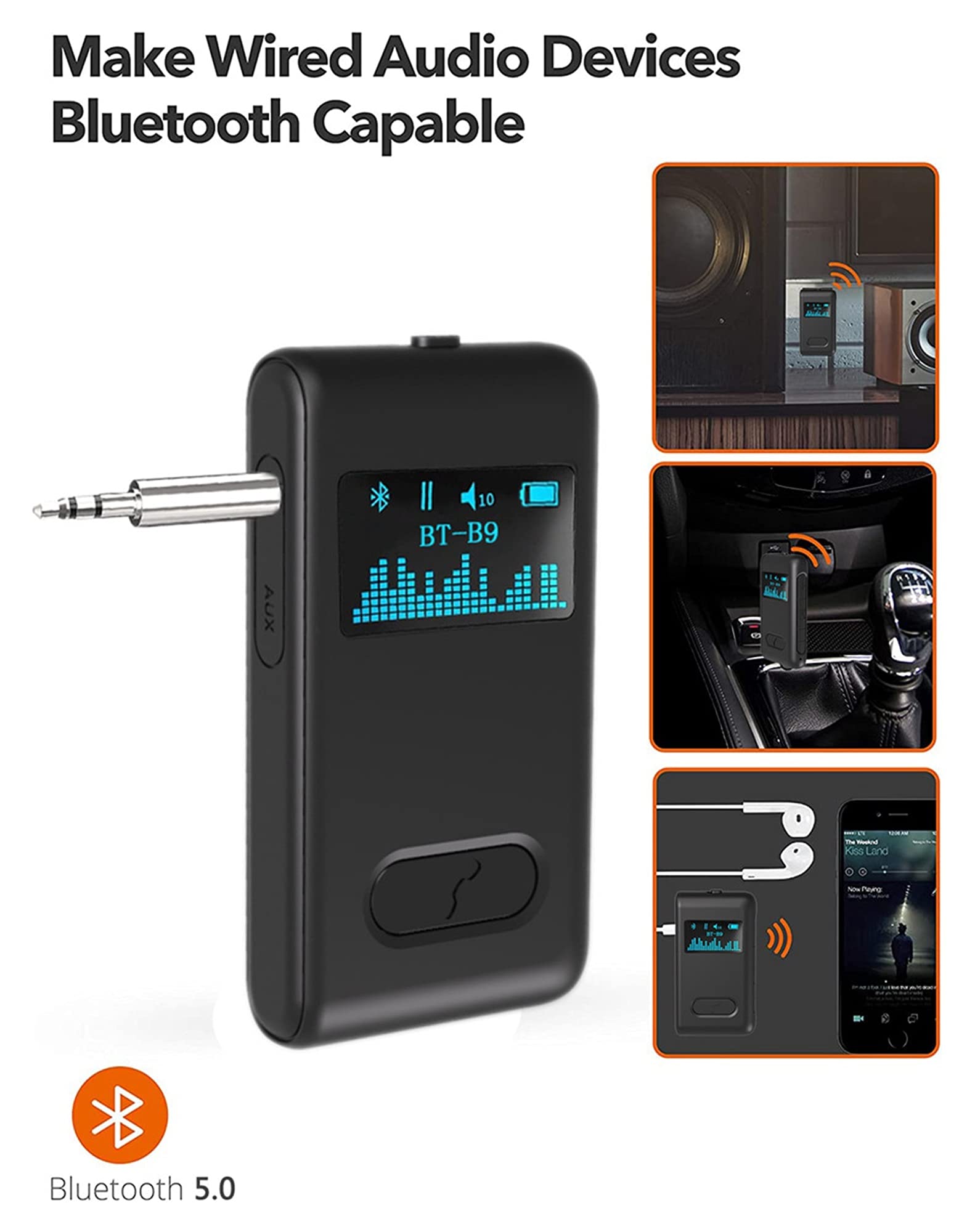 Adapter audio Bluetooth. 10H Odbiornik Bluetooth 5.0 LCD Wyświetlacz AUX 3. 5mm Jack. RCA. Stereo Music Mic Wireless Audio Adapter do zestawów Zestawy samochodowe Auto On