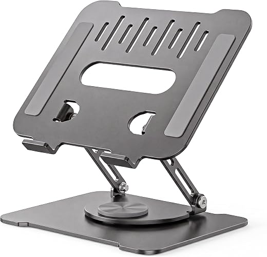 Suporte Notebook Base Giratória 360 Graus Ajustável Articulado Dobrável Alumínio Ergonômico Antiderrapante Dissipação Calor Portátil até 17 Polegadas (PRATA)