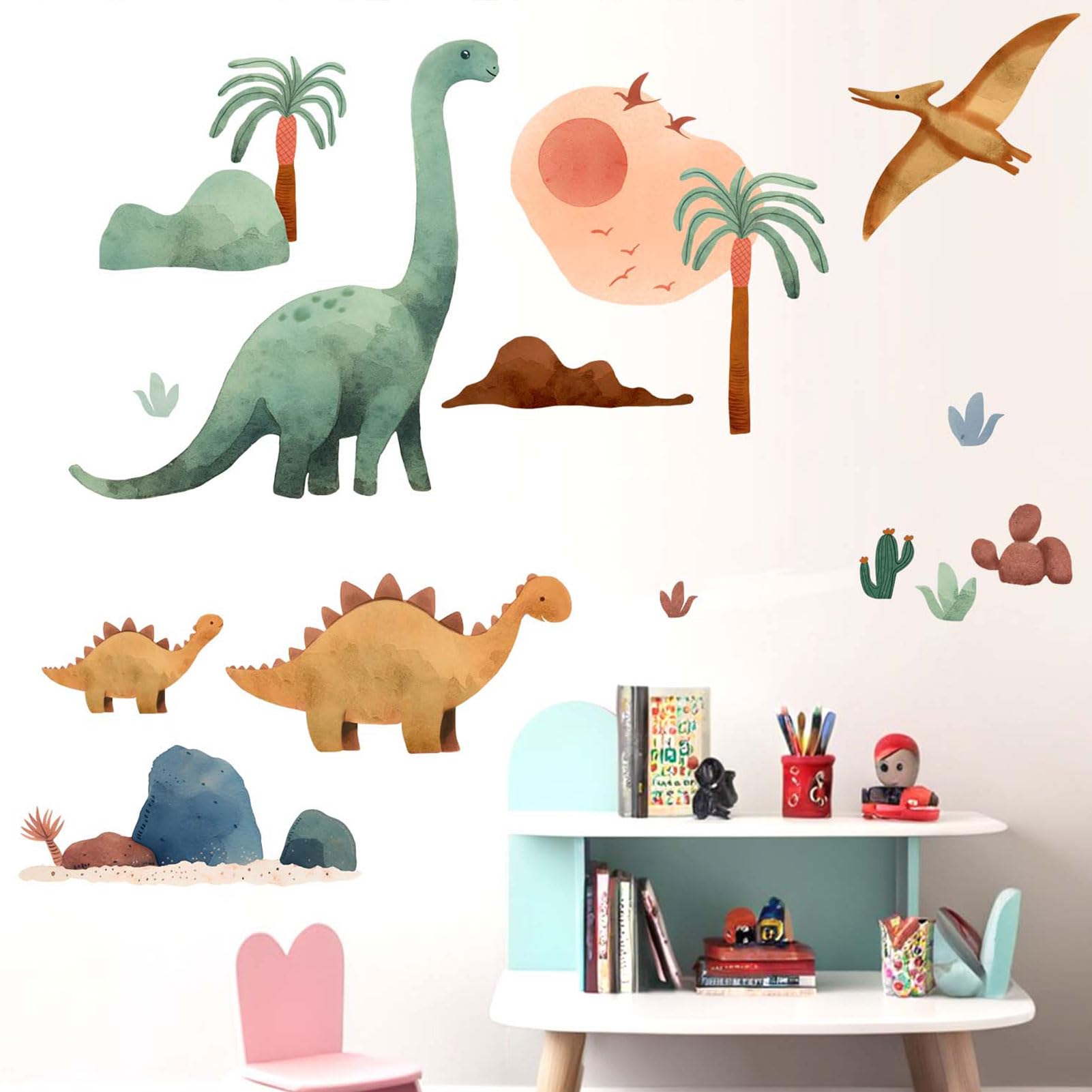 Kids Dinosaur Wall Stickers for Boys: Peel and Stick Tropic Tree Watercolor Dino Wall Decals