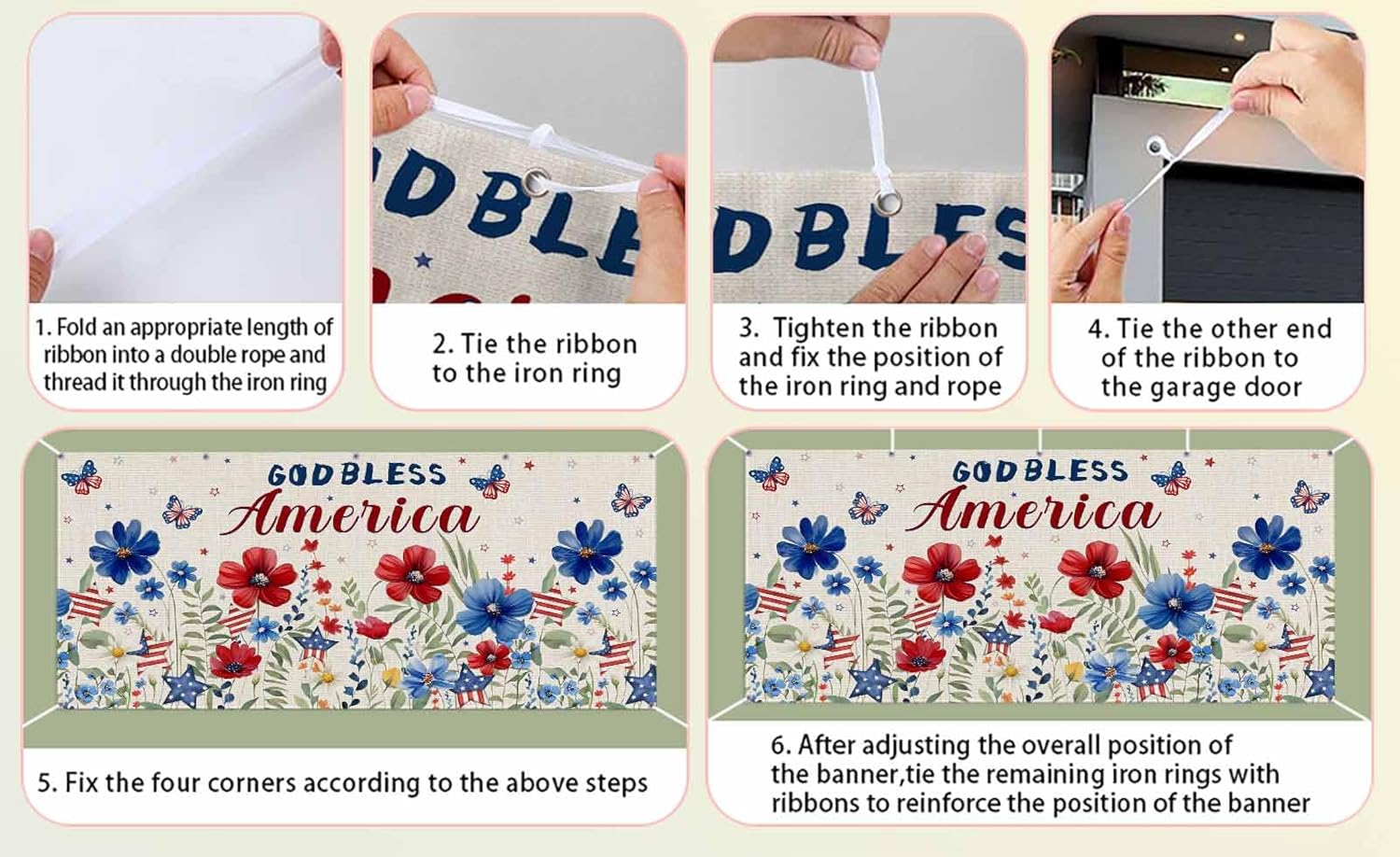 4th of July Red Blue Flowers Garage Door Cover Garage Door Decorations American Flag Butterfly Garage Door Banner with Grommets, Garage Door Backdrop Mural for Outdoor Wall Door Photography 7x16ft