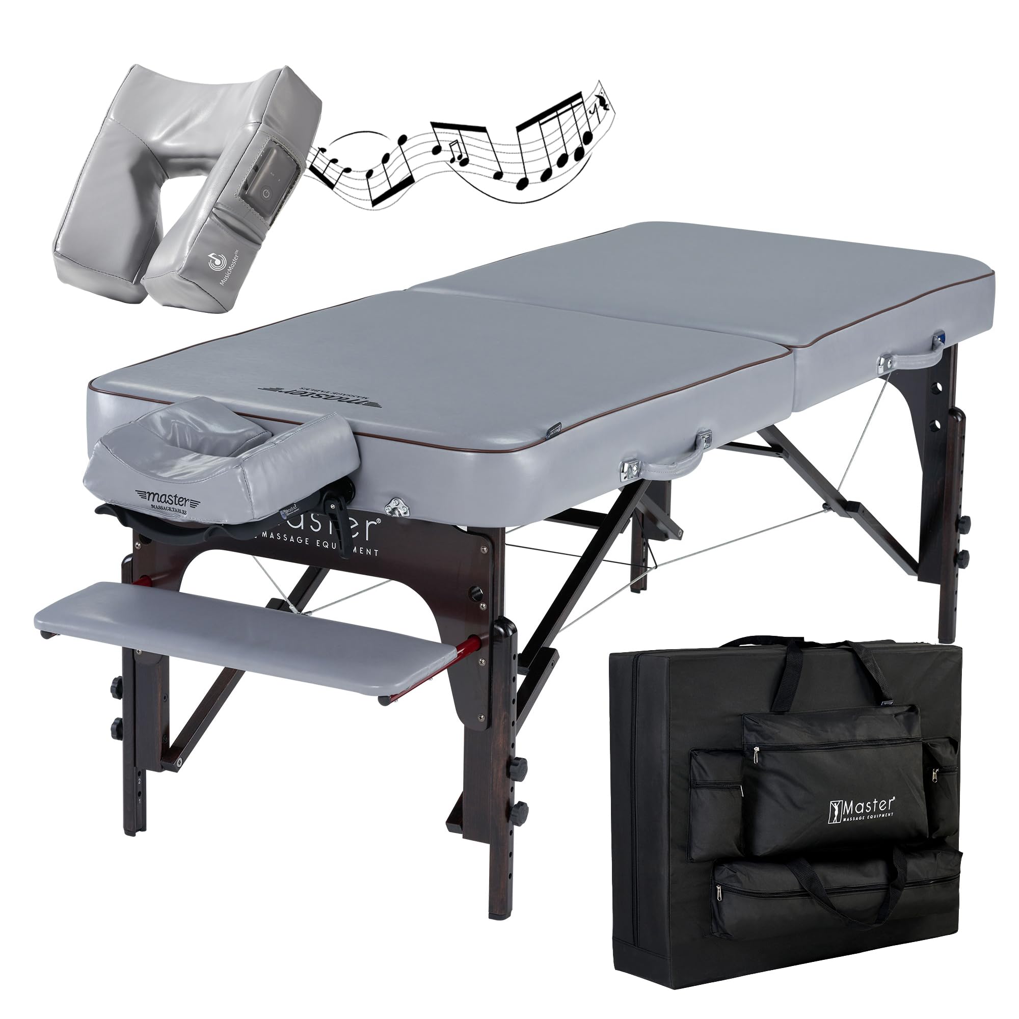 Master Massage 71cm Montour Mobile Massageliegenpaket Klappbar Massagebank Portable Kosmetikliege Vollholz und Tragetasche Taubengrau mit Musikkissen Lautpsprecher Bluetooth