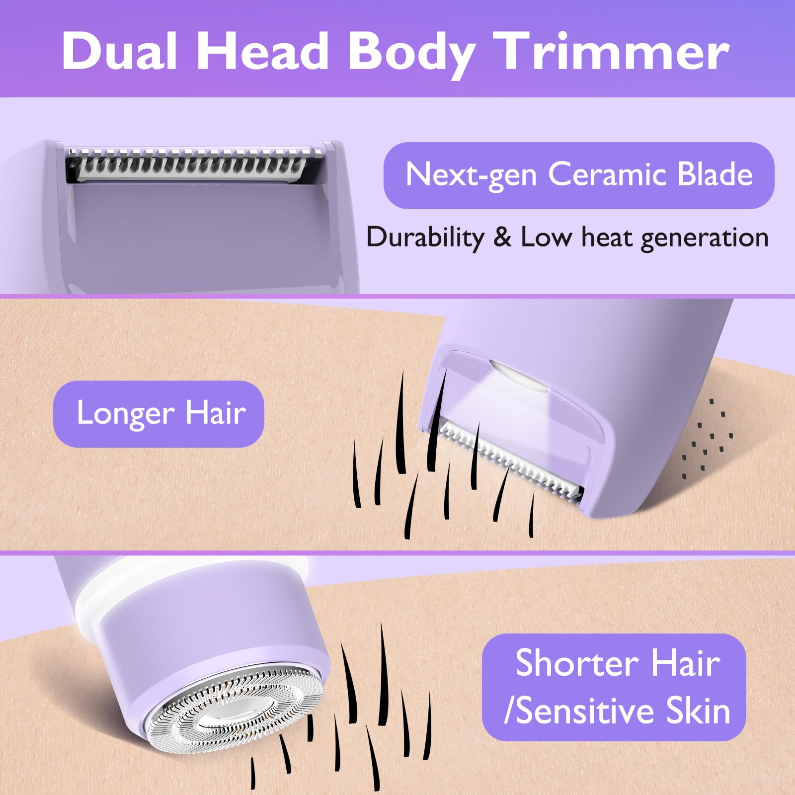 Tondeuse de bikini pour femme, rasoir électrique à double tête, tondeuse à poils pubiens avec étanchéité IPX7 et facile à nettoyer, rasoir rechargeable indolore Silk Glide Pro pour aisselles, jambes