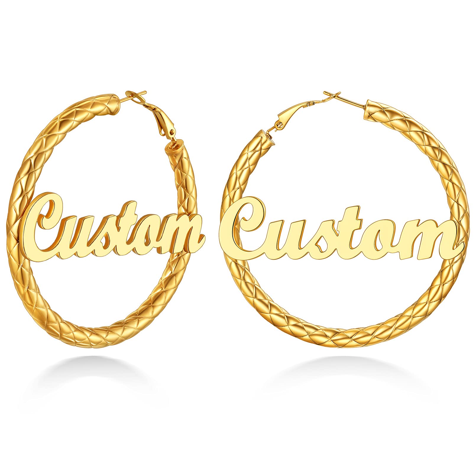 Custom4U Bamboo Earrings for Women Personalized Gold Hoop Name Earrings