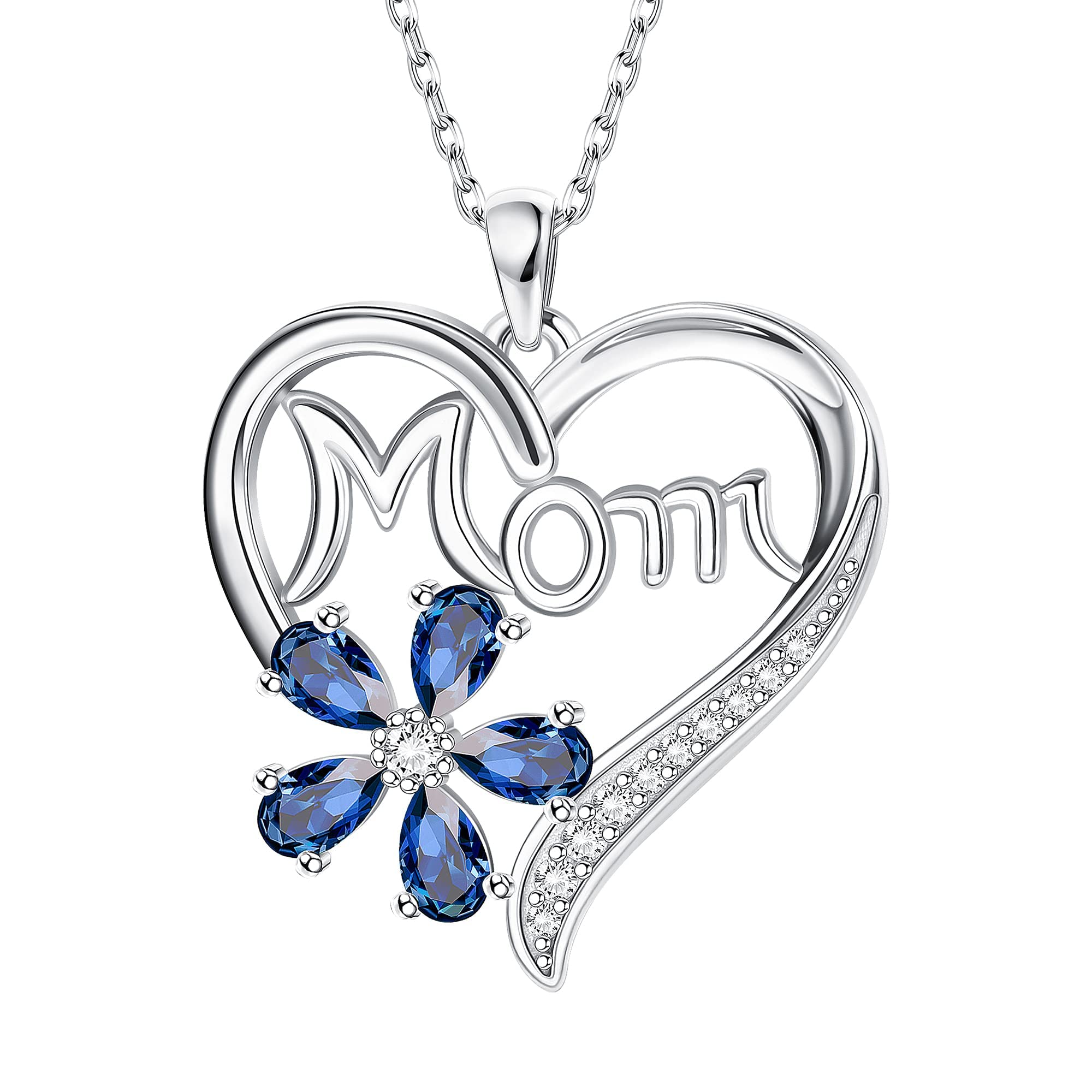 MILACOLATO925 Sterling Silver Mom Necklace for Women, Red Blue White Cubic Zirconia Flower Bloom in CZ Heart Pendant Necklace Jewellery Gift for Mom Grandma Mothers Day, With Gift Box