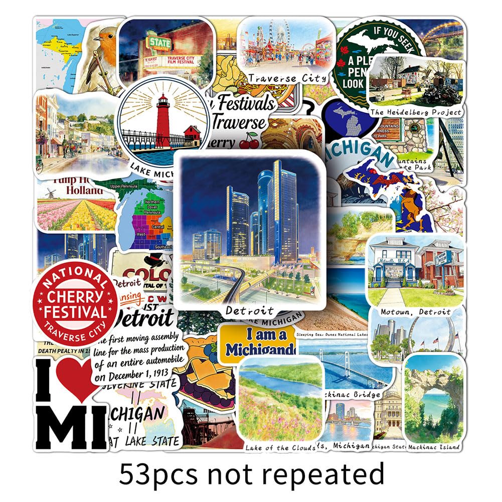 Michigan State Stickers |53Pcs Michigan MI Travel Waterproof Vinyl Decals for Water Bottles Laptop Luggage Cup Computer Mobile Phone Skateboard Guitar Helmet Snowboard Décor