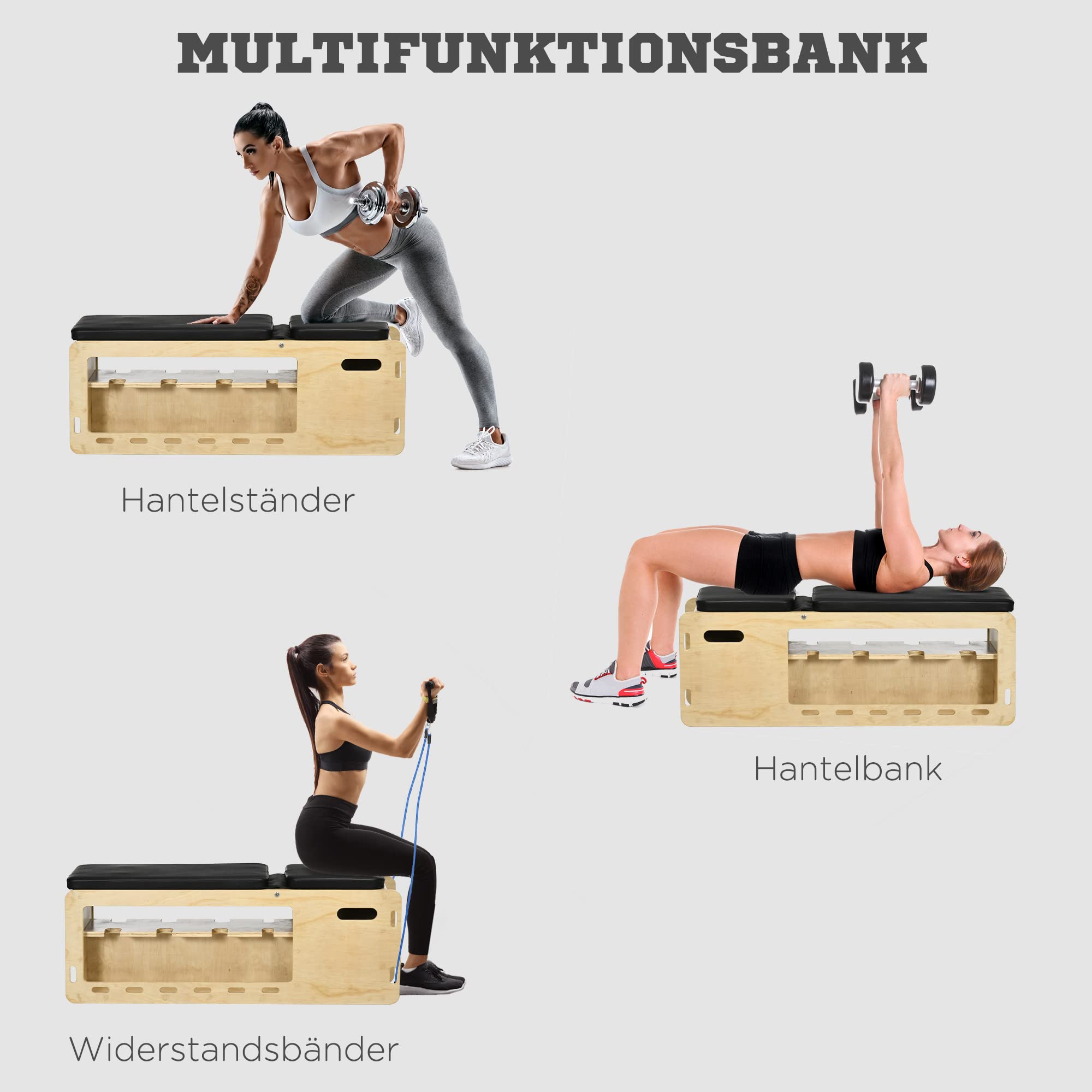 HOMCOM Hantelbank Verstellbar mit Aufbewahrungsbox und Widerstandsbändern | Trainingsbank, Fitnessbank für Gewichtheben, Krafttraining, Massivholz