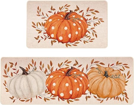 Fall Kitchen Mats Set of 2 - 17x29+17x47" Autumn Thanksgiving Kitchen Decor | Watercolor Orange Pumpkin Leaves Seasonal Farmhouse Vintage Low-Profile Non-Slip Kitchen Rugs for Floor Home Decor