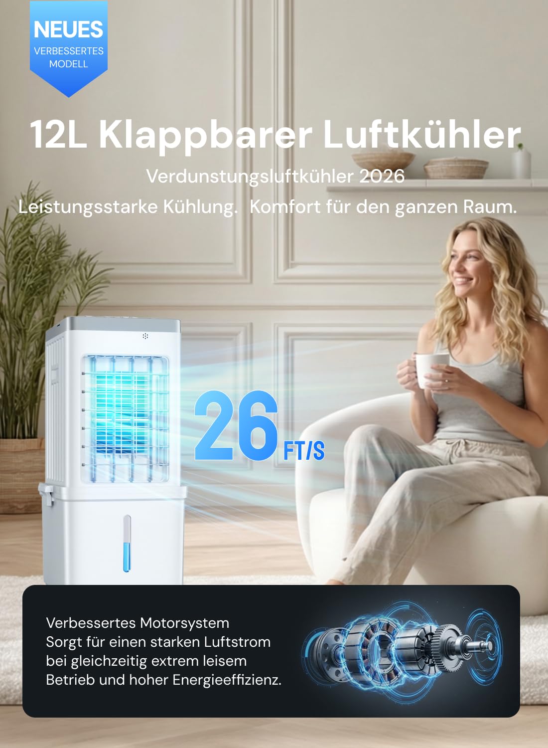 Climatiseur Mobile, Rafraîchisseur d’Air 3-en-1, Refroidisseur Évaporatif, Réservoir 12L, 3 Vitesses, Oscillation 60°, 35dB Silencieux, Design Compact, Maison, Bureau, Adapté aux Animaux Domestiques