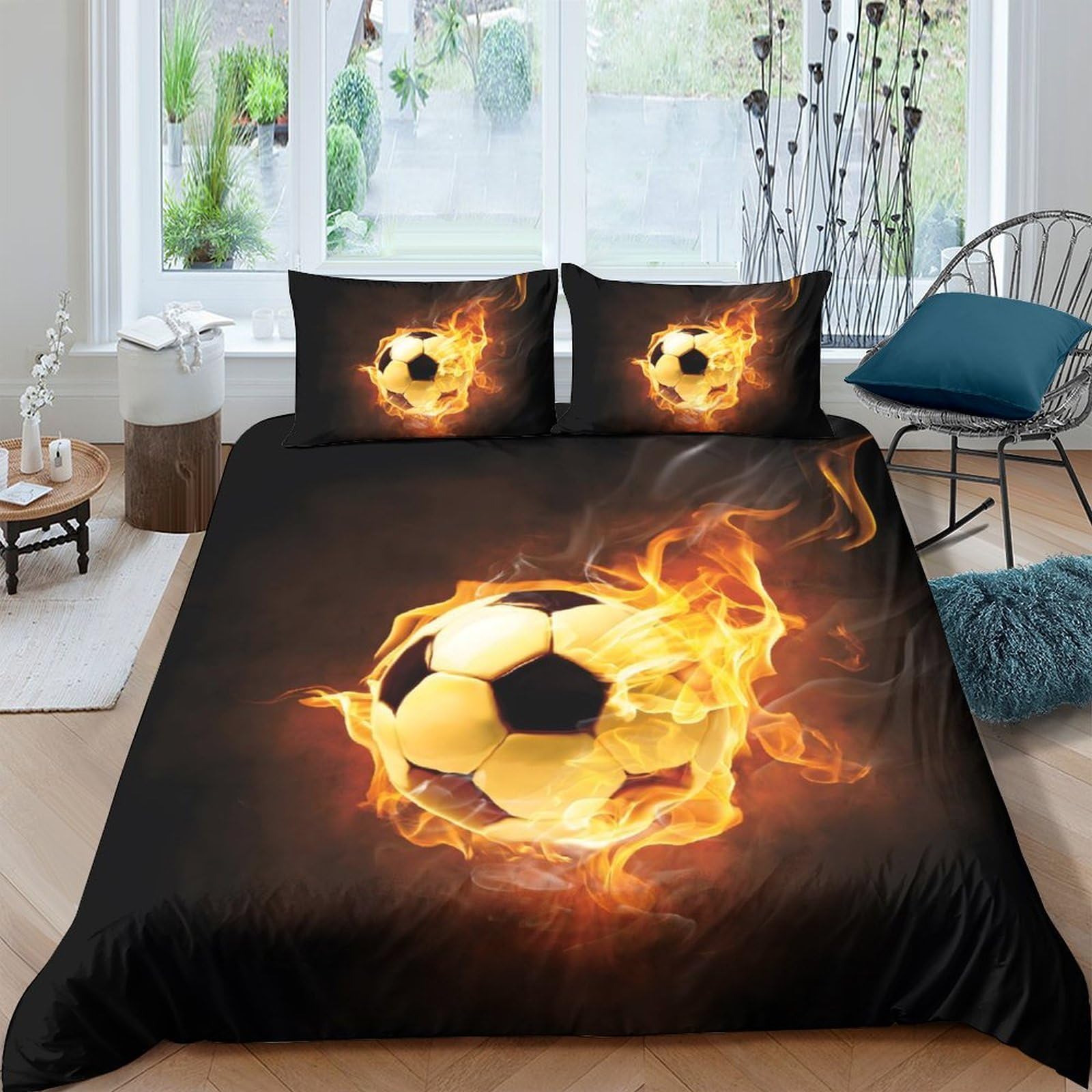 Ctjqhvkz Style-1 3D Printed Flaming Soccer Fitted Sheet Microfiber Soft Decorative Fire Ball Bed Cover For Bedroom Guest Room Youth Single（135X200cm）
