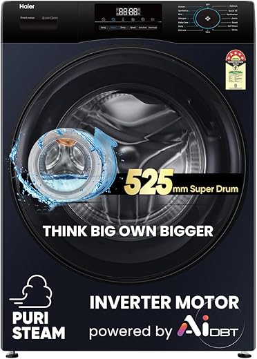 Haier 8 Kg 5 Star Powered by AI-DBT with PuriSteam, 525mm Super Drum Fully Automatic Front Load Washing Machine (EFL80-IM12IBIEBK, Inverter with…