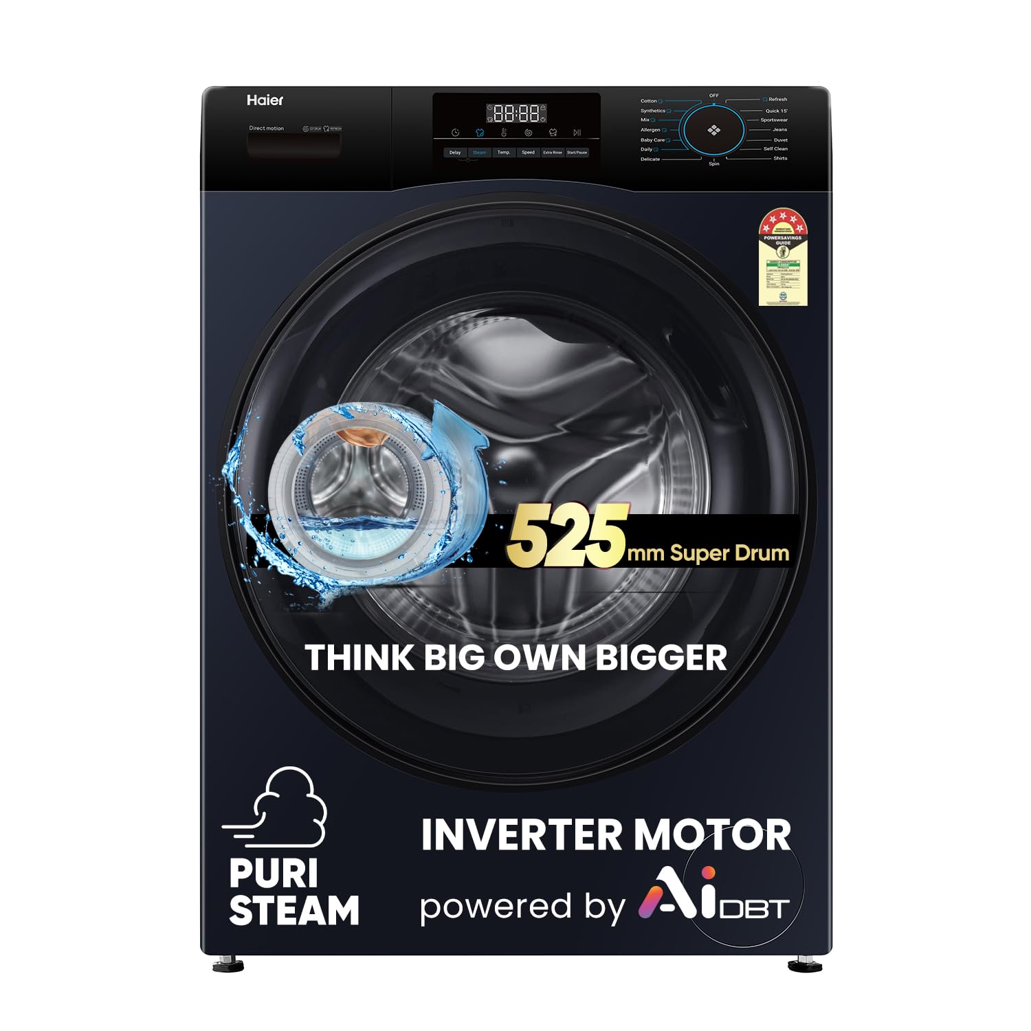 Haier 8 Kg 5 Star Powered by AI-DBT with PuriSteam, 525mm Super Drum Fully Automatic Front Load Washing Machine (EFL80-IM12IBIEBK, Inverter Motor with In-Built Heater, Stainless Steel Drum, Black)