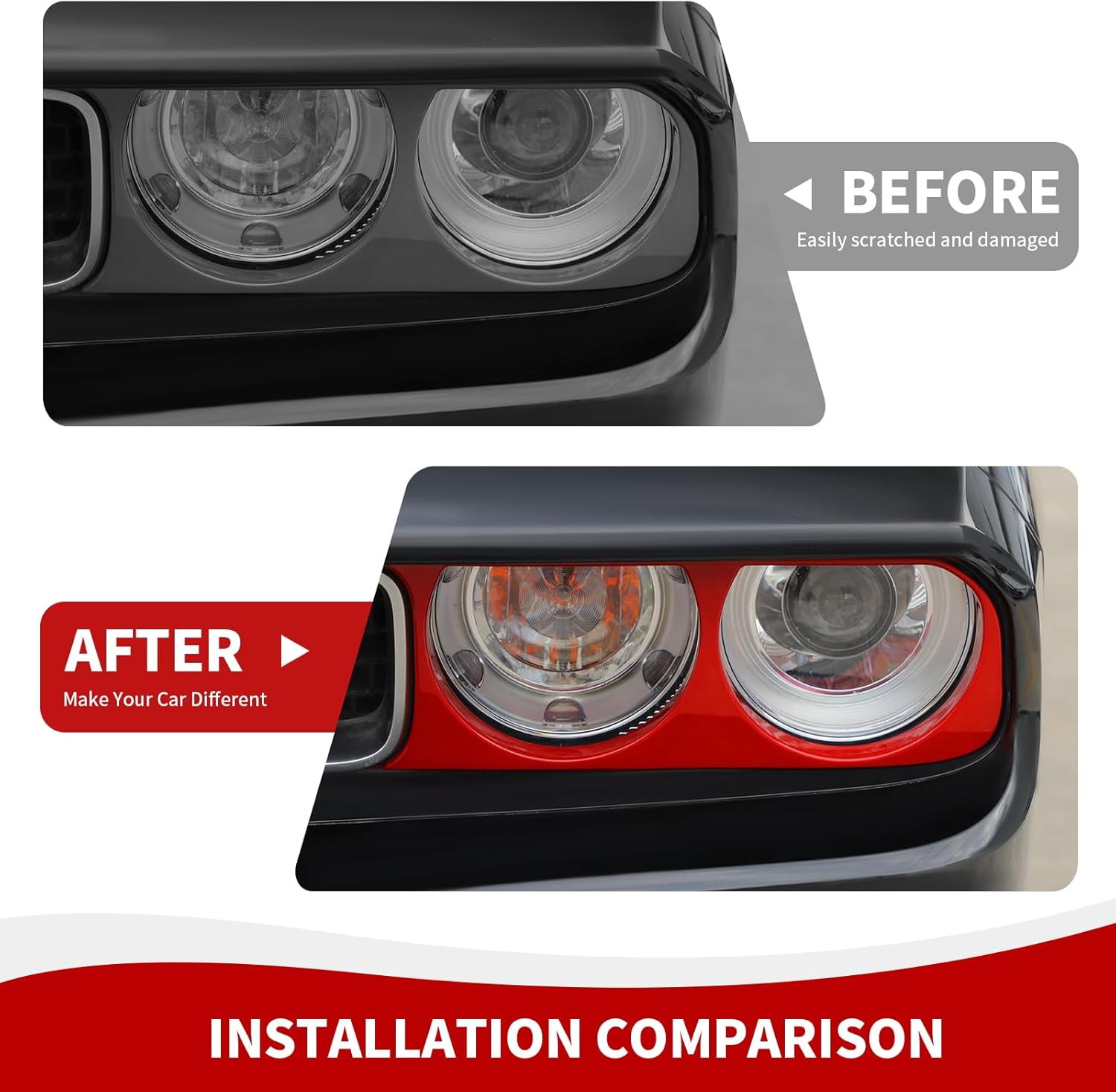 Front Headlight Lamp Cover Trim Compatible with Dodge Challenger 2009-2014 Accessories, Red