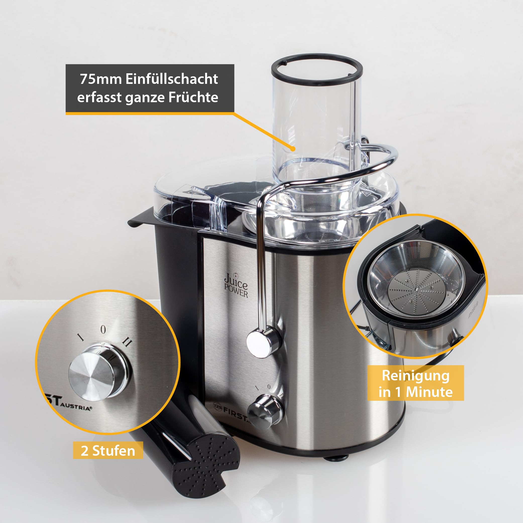 TZS First Austria Entsafter | 800W | 750ml | XXL-Einfüllschacht | 2 Geschwindigkeitsstufen | Einfache Reinigung | rostfreier Edelstahl Extraktionsfilter | Anti-Rutsch-Füße