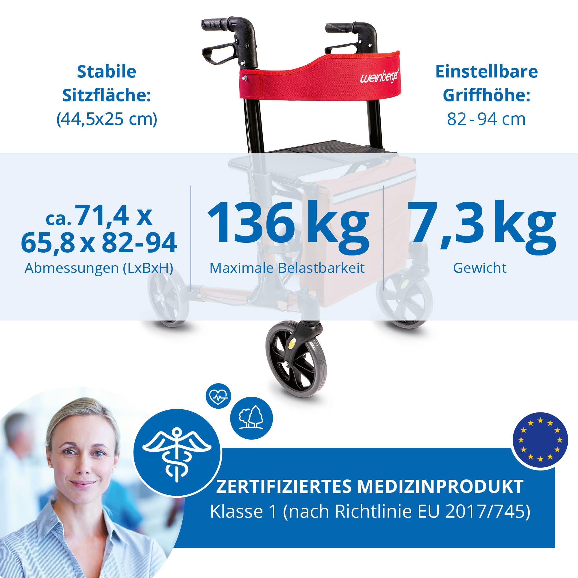 Weinberger Andador plegable de aluminio ligero todo incluido con bolsa de soporte de bastón, frenos, peso ligero de solo 7,3 kg, altura regulable, andador de viaje, color rojo