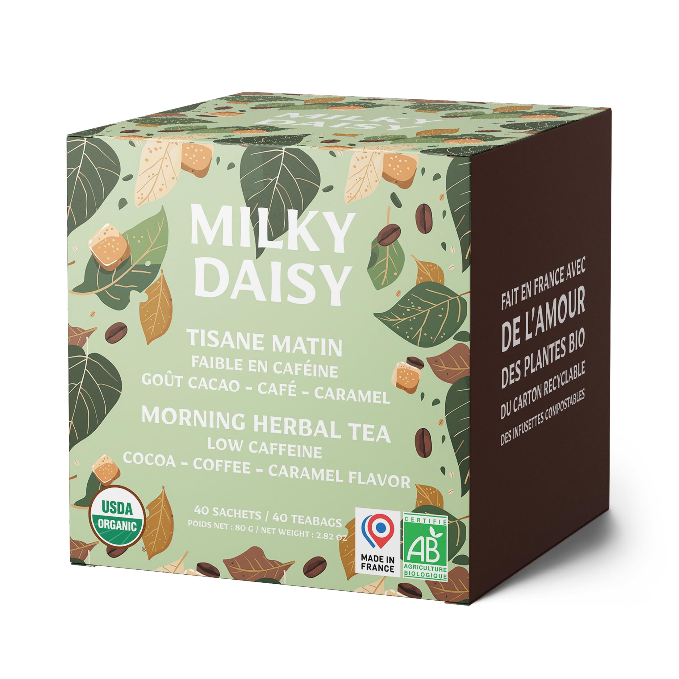 Milky Daisy Té Matutino Orgánico Sustituto del Café Sabor Cacao Café Caramelo Energizante Bajo en Cafeína 40 Bolsitas