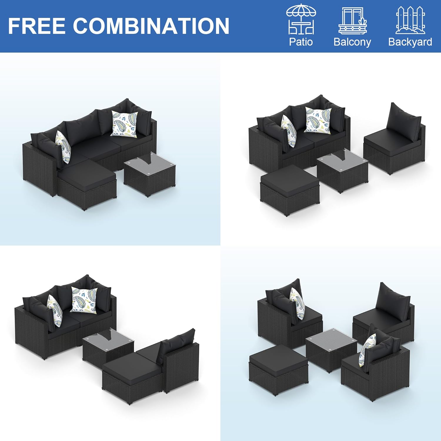 Patio Furniture Set, 5PCS Patio Sectional with Ottoman Wicker Rattan Outdoor Furniture with Thickened Cushion Modular Wicker Patio Conversation Set with Glass Top Table for Balcony, Backyard(Black)