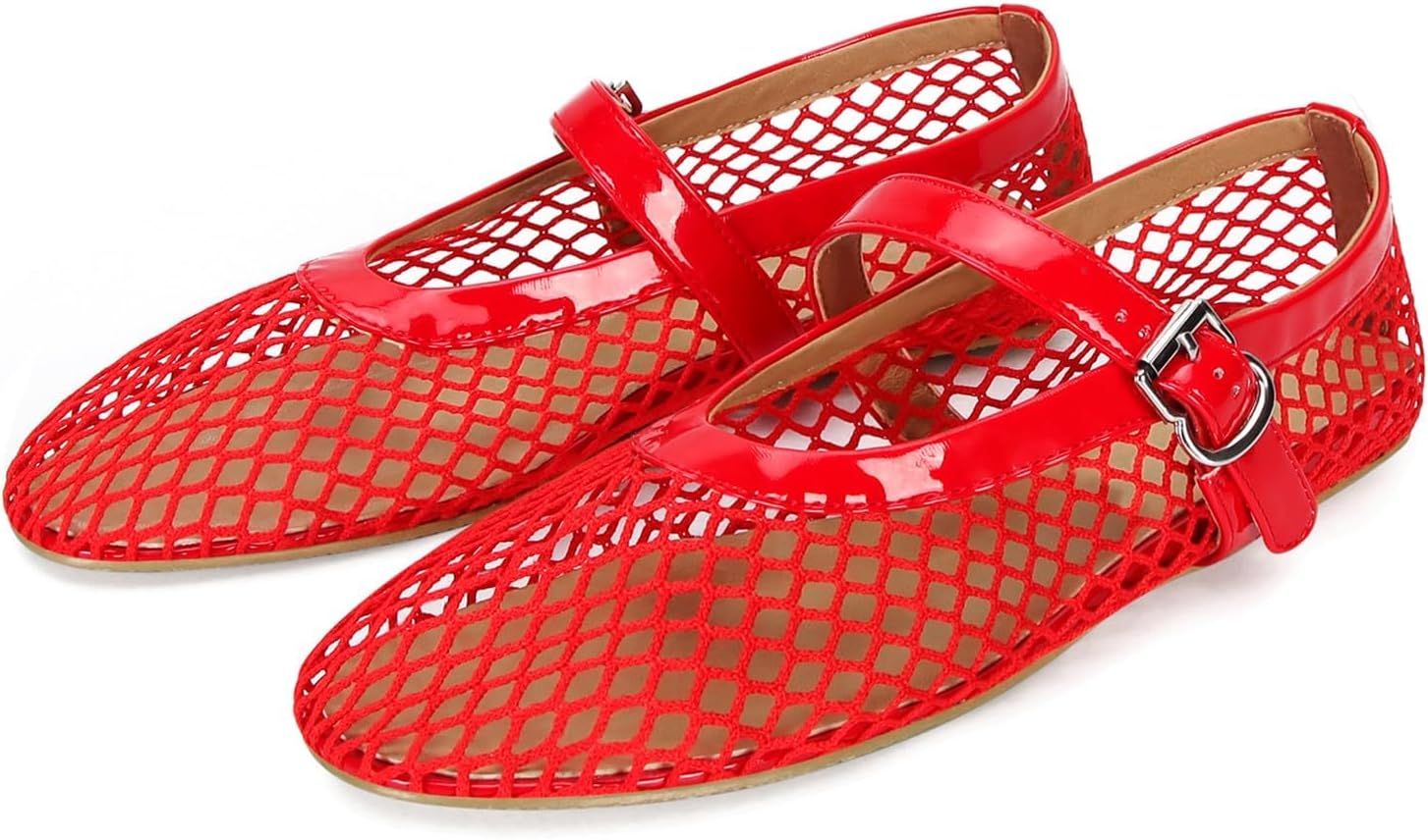DOEYG Mesh Ballet Flats for Women Buckle Strap Comfy Casual Office Fishnet Ballerina Flat Shoes