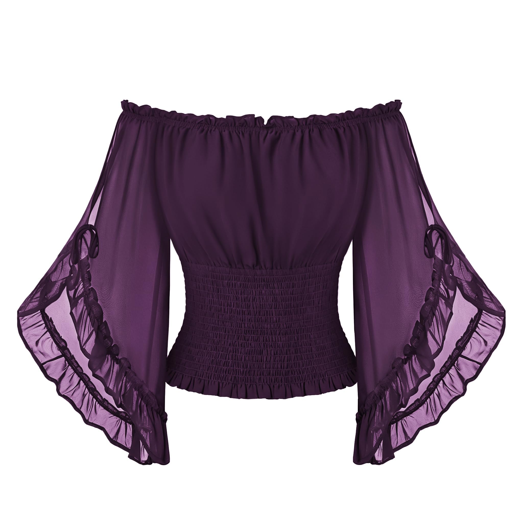 Scarlet Darkness Women's Renaissance Tops, Off-Shoulder Bell Sleeve Smocked Waist Shirts, Deep Purple, XXL