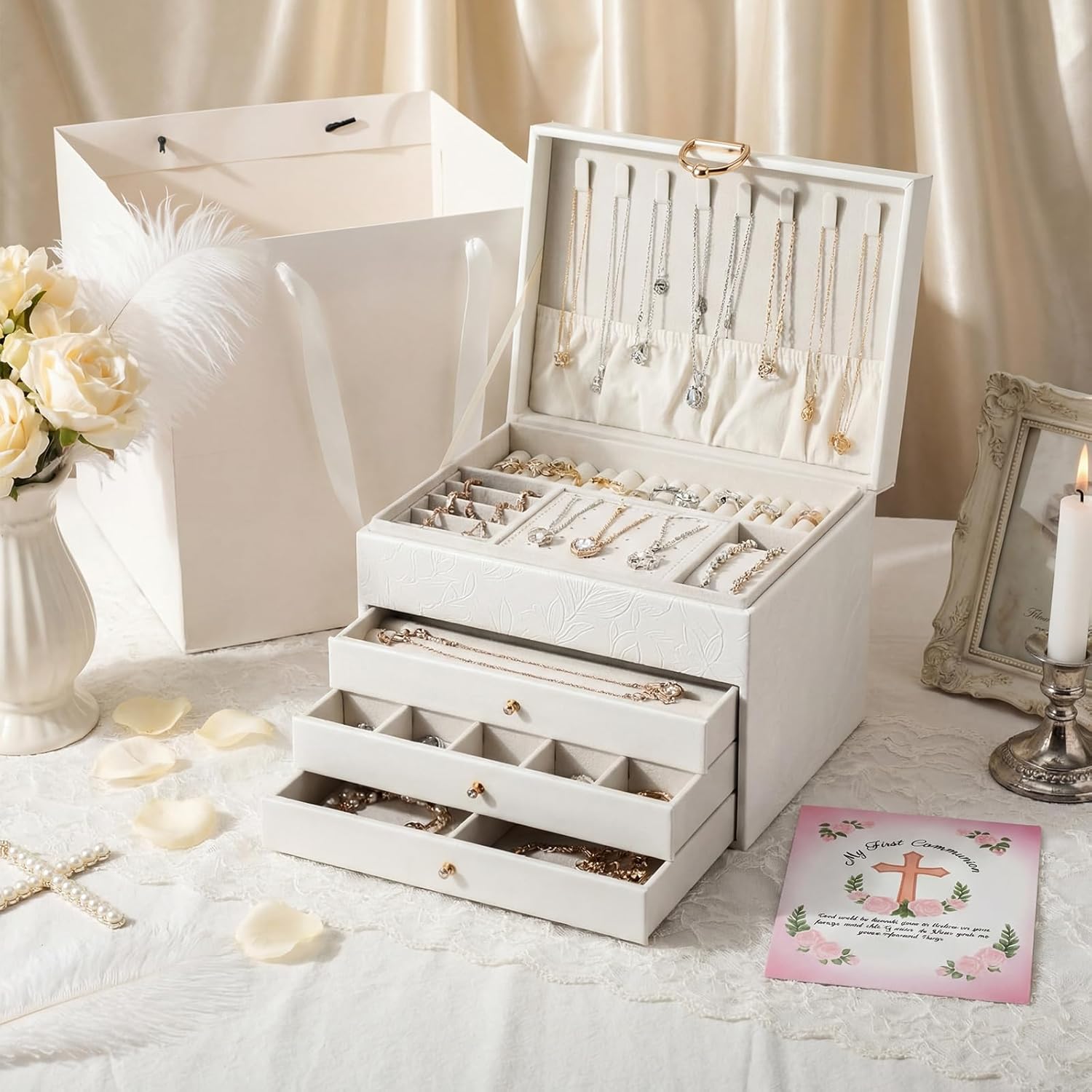 Kigeli 3 Pcs First Communion Gifts for Girls Exquisite My First Jewelry Keepsake Box Gifts with Pray Card and Bag Set, Delicate Baptism Jewel Box with Cross for Girls Christian Christening Gift
