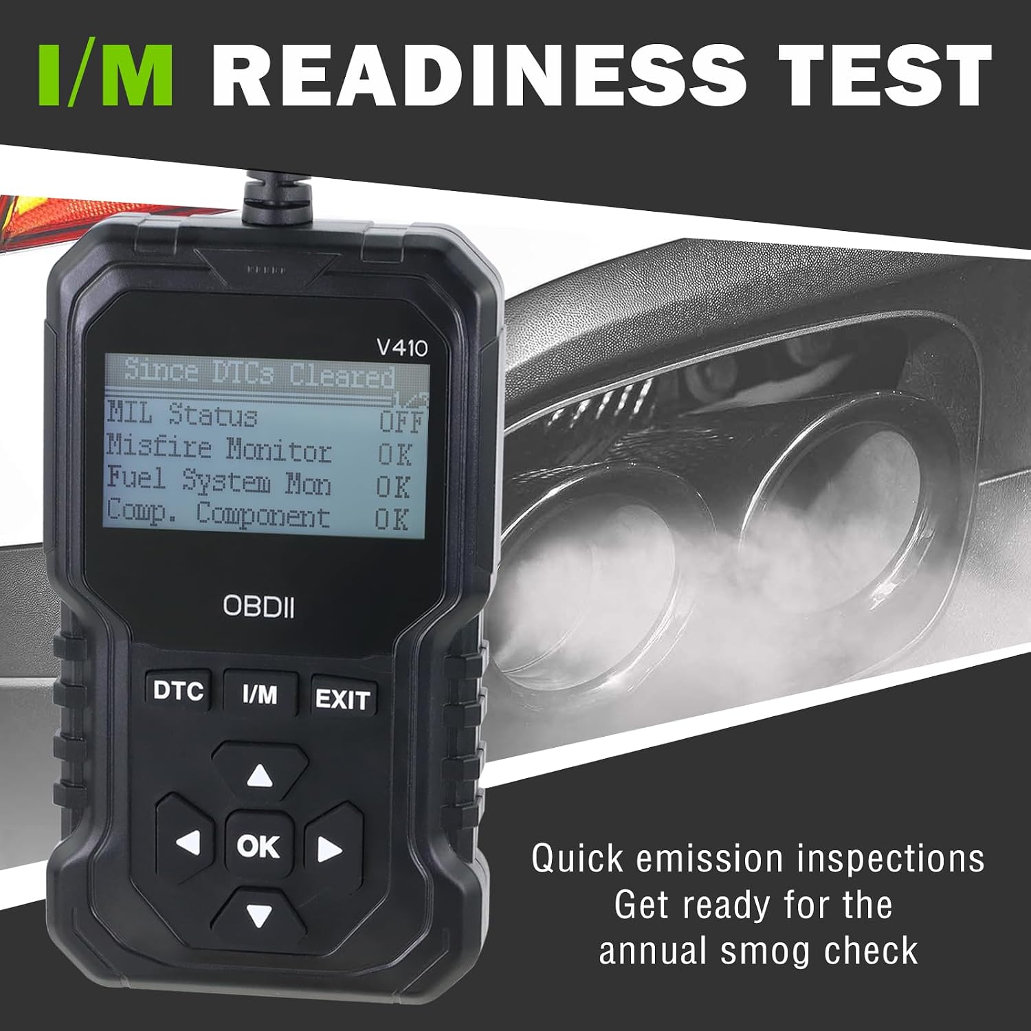 Lqito V410 OBD2 Scanner with dimensions labeled