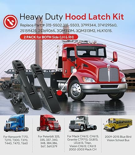 Miniatura 2 de Paquete de 2 pestillos de capó resistentes para Kenworth T170, T270, T330, T370, T660 Peterbilt 325, 335, 337, 340, 348, 384, 386, 567, 569, 579