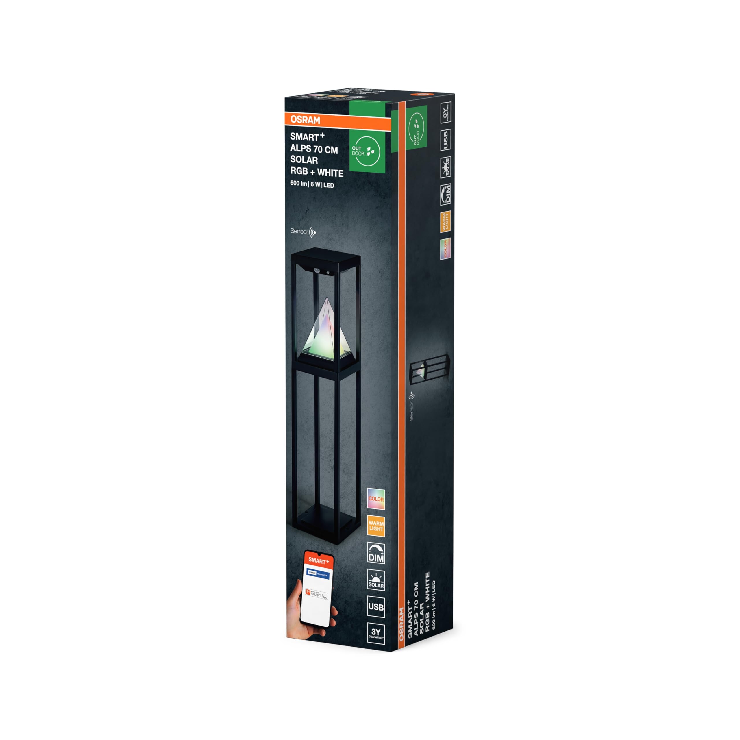 OSRAM SMART+ ALPS lampioncino solare da esterno Bluetooth con sensore, luce bianca calda (3000K) e colorata, senza alimentazione, fino a 2,5 ore al 100% di luce, ricaricabile con cavo USB-C, IP44