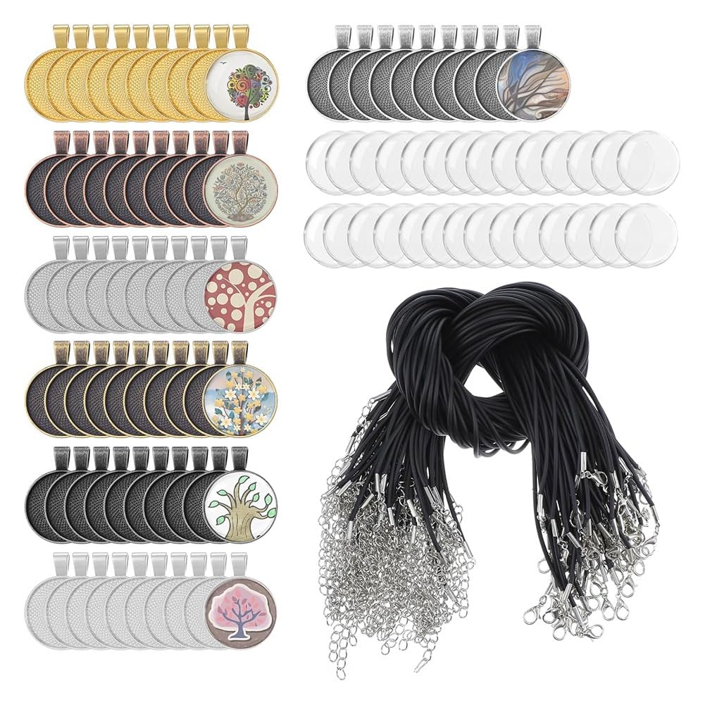Kit plateaux à pendentifs cabochon verre et cordons pour fabrication bijoux colliers