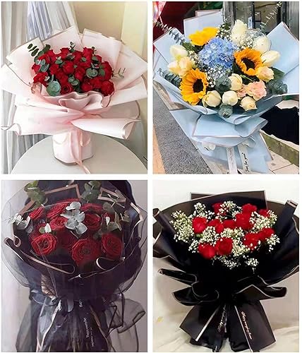 Miniatura 5 de FWSA WRAPS Papel de regalo de flores negras, papel de regalo floral con 12 mariposas 3D, 20 hojas de borde dorado, impermeable, ramo de flores,