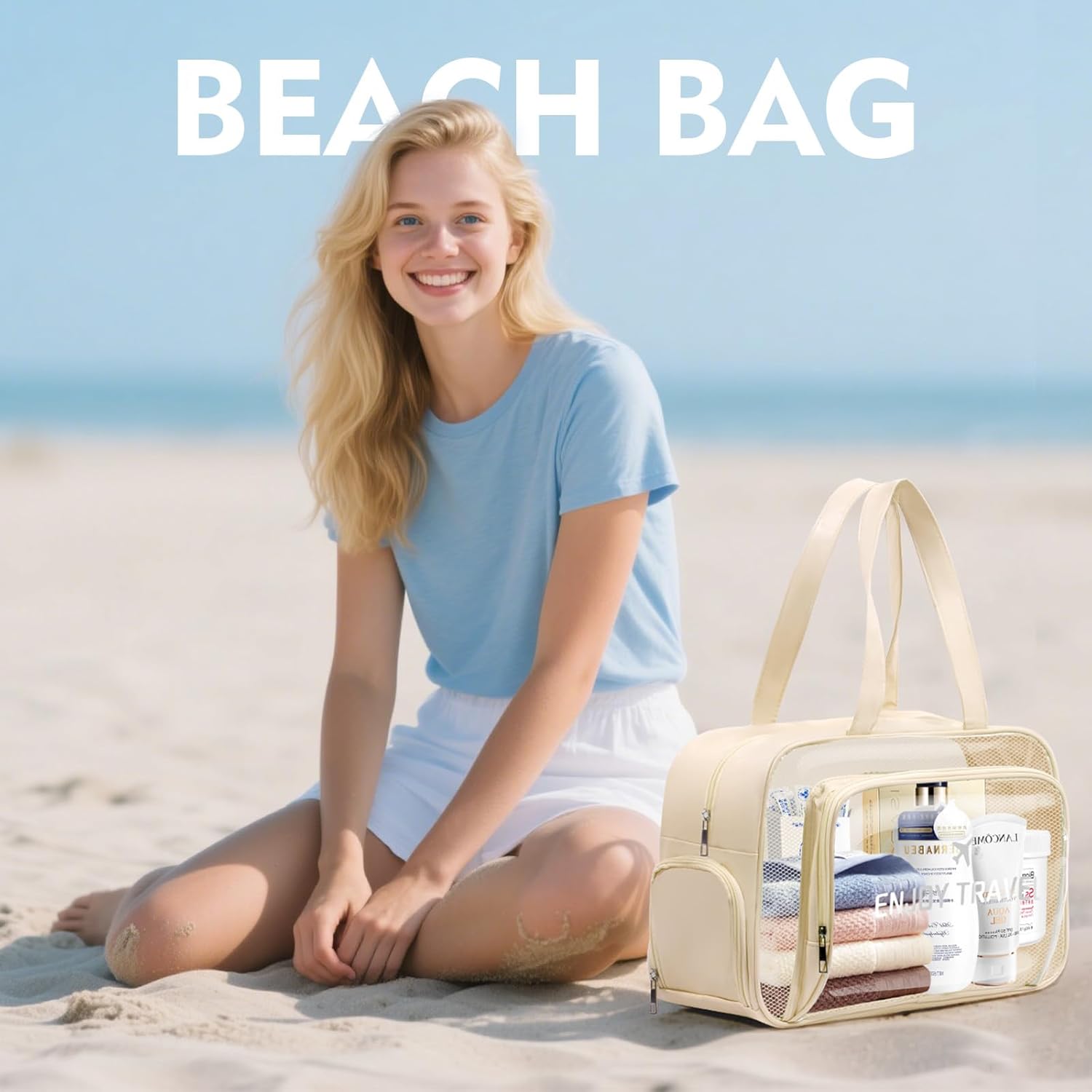 Chenille Letter Patch Clear Travel Bags, Preppy PVC&Nylon Makeup Bag with Handle and Zipper, Waterproof Large Clear Travel Toiletry Bag Storage Bag for Women Girls - Image 6