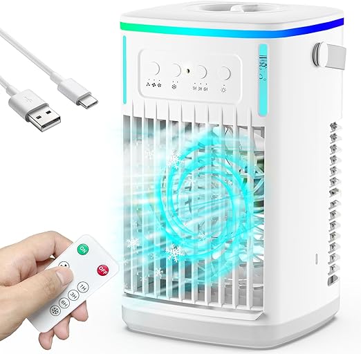 Portable Air Conditioners with Remote, 1500ml Water Tank, 3 Wind Speeds, 4-in-1 Portable AC with 6H Timer, 2 Cool Mist, 7 Lights, Personal Mini Air Cooler Fan for Room Bedroom Office (White)