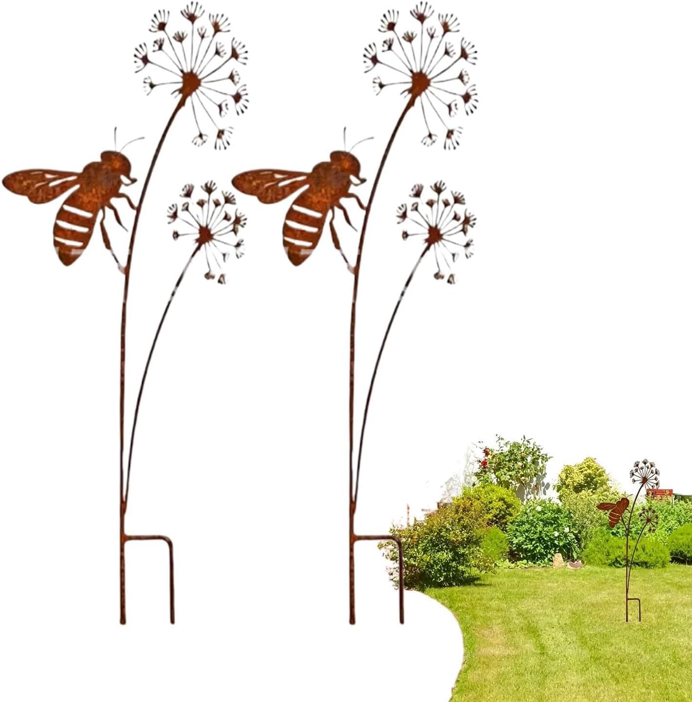 Garden Stakes Decorative, Rustic Bee Outdoor Metal Art, Lawn Vintage Stakes