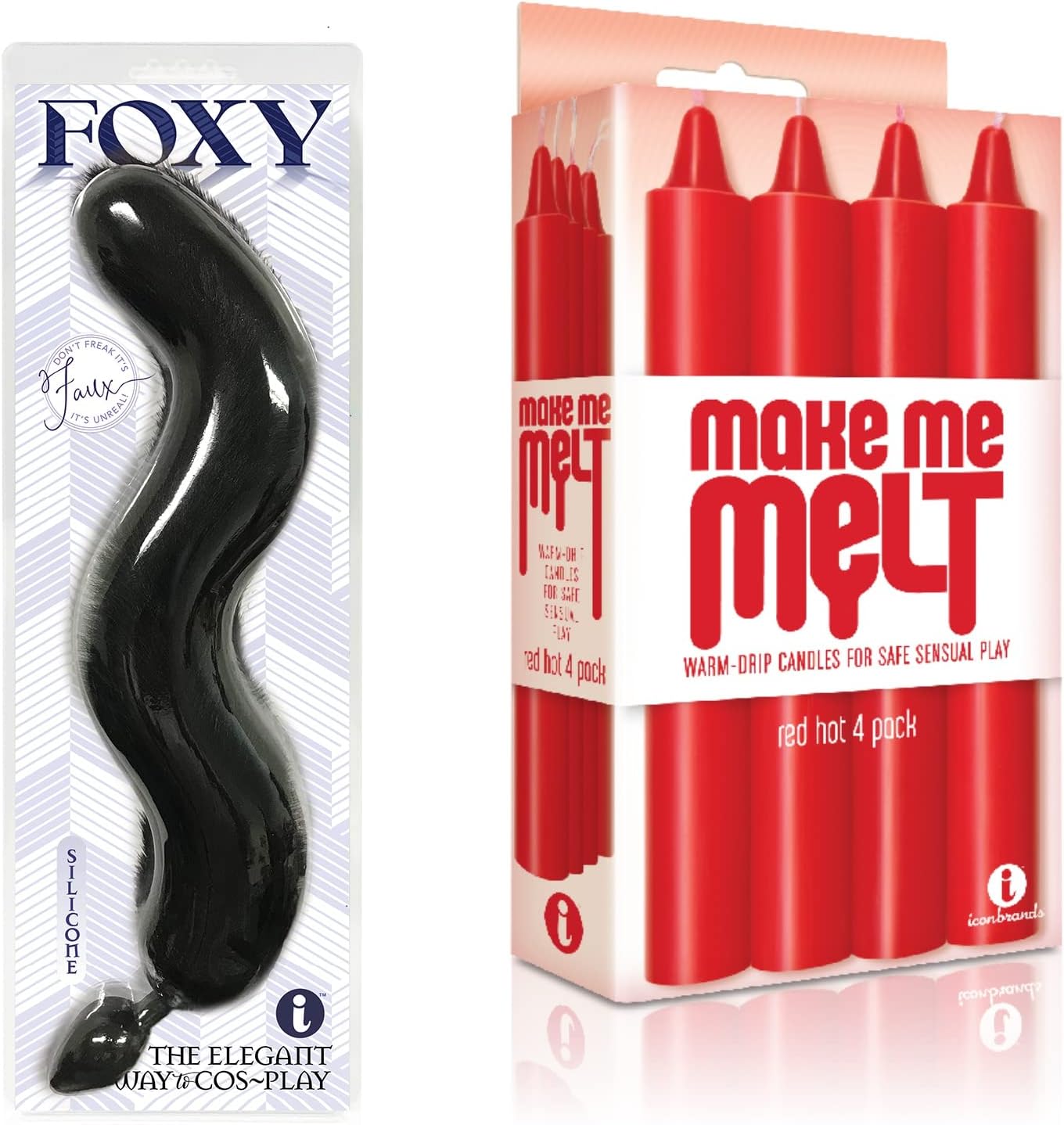 Sex Toy Bundle of Foxy, Soft Black Faux-Faux Fur Fox Tail with Silicone Butt Plug for Anal Play, Kinky Foreplay or Role-Play Fantasies! and Make Me Melt Sensual Warm-Drip Candles, 4 Pack, Red Hot