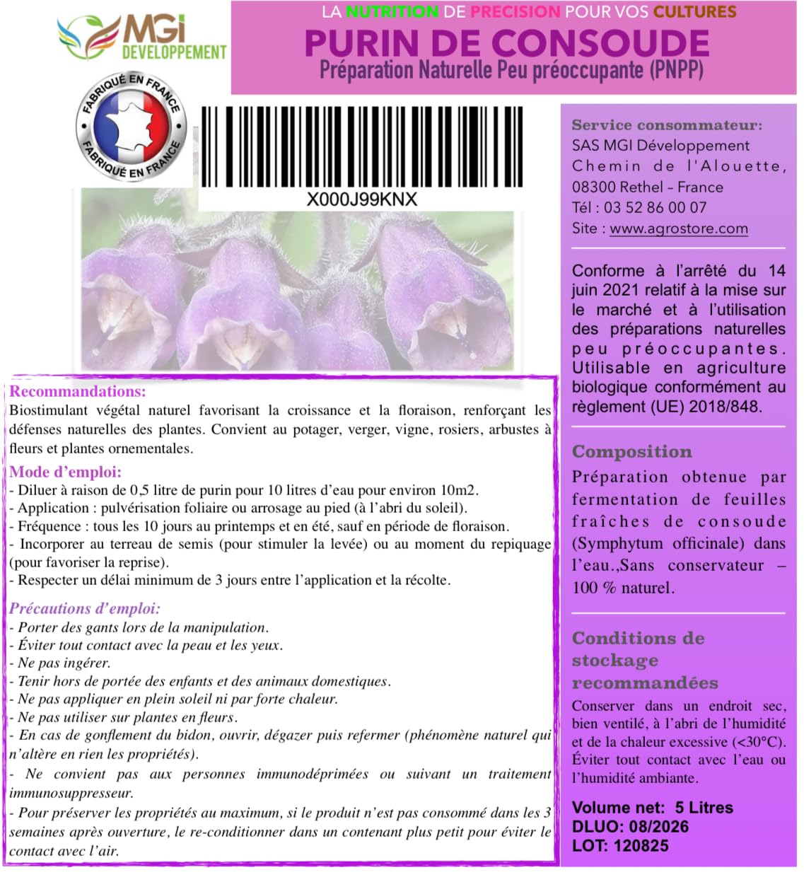 lot de 2 bidons 5L – Purin De Consoude – 100% naturel – PNPP utilisable en Agriculture Biologique - bidon 5L pour 100L prêt à l’emploi pour 100m2 - Made in France - usage particuliers
