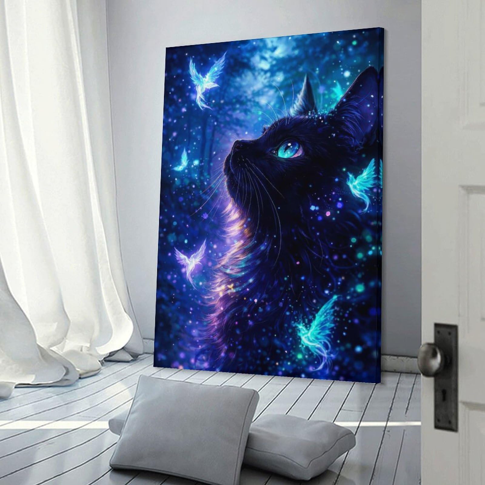 Junmoney Wall Art Print Enchanted Black Cat with Magical Birds, 12x18inch(30x45cm), for Hallway, Bedroom Or Modern Interiors, Thoughtful Wall Decor for Art Lovers