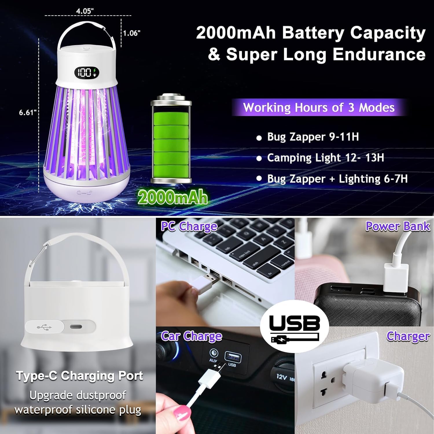 Bug Zapper Indoor Outdoor Mosquito Zapper, LED Rechargeable Fly Zappers Mosquito Killer Lamp with Storage Box, Waterproof 2000V Bug Light Trap for Home Kitchen Backyard Garden Camping Patio