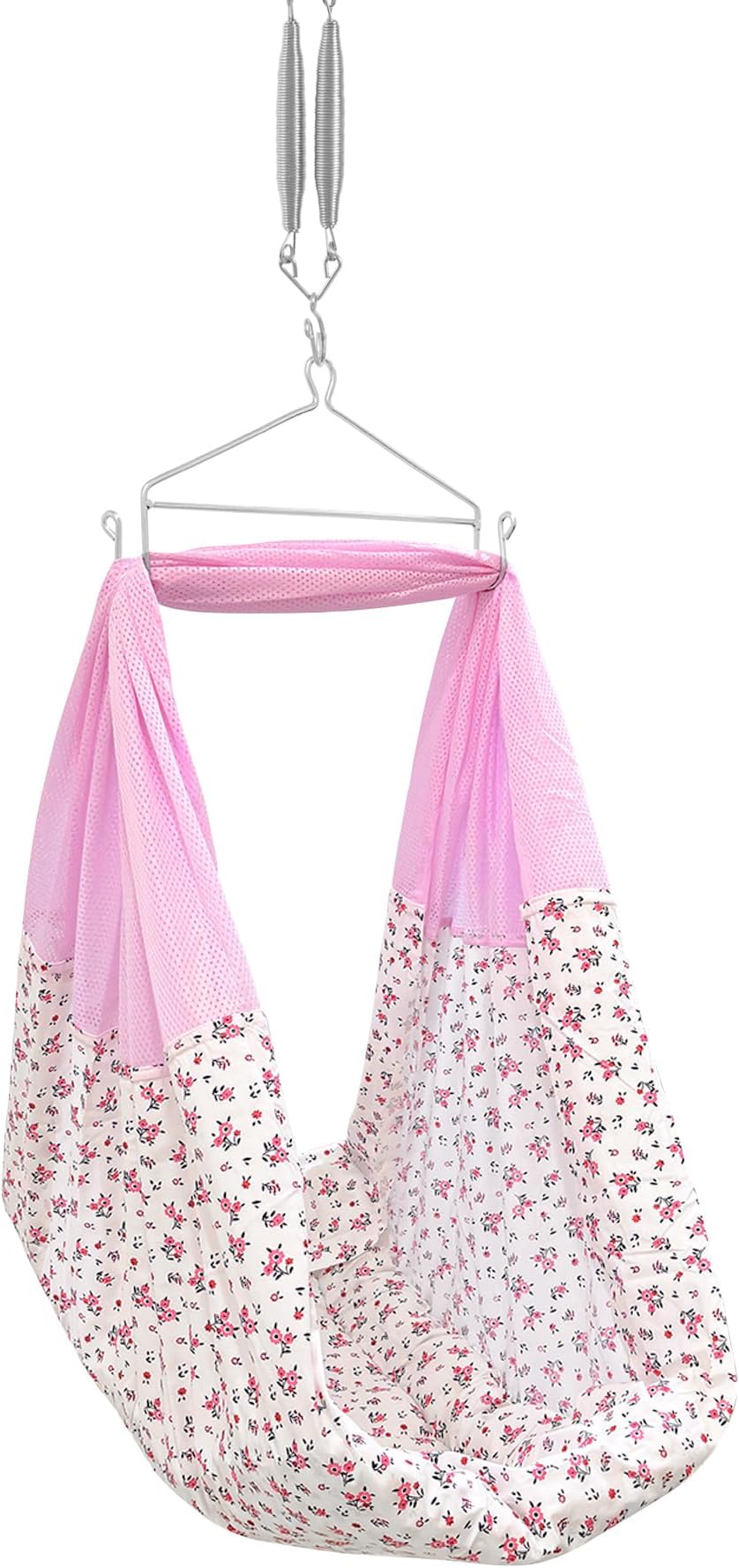 beetot New Born Baby Swing Cradle (Jhula) | Cradle Set with Mosquito Net, Spring, and Triangle Hanger | Weight Capacity up to 20kg | Age from 0-12 Months | PRE-Emily Pink